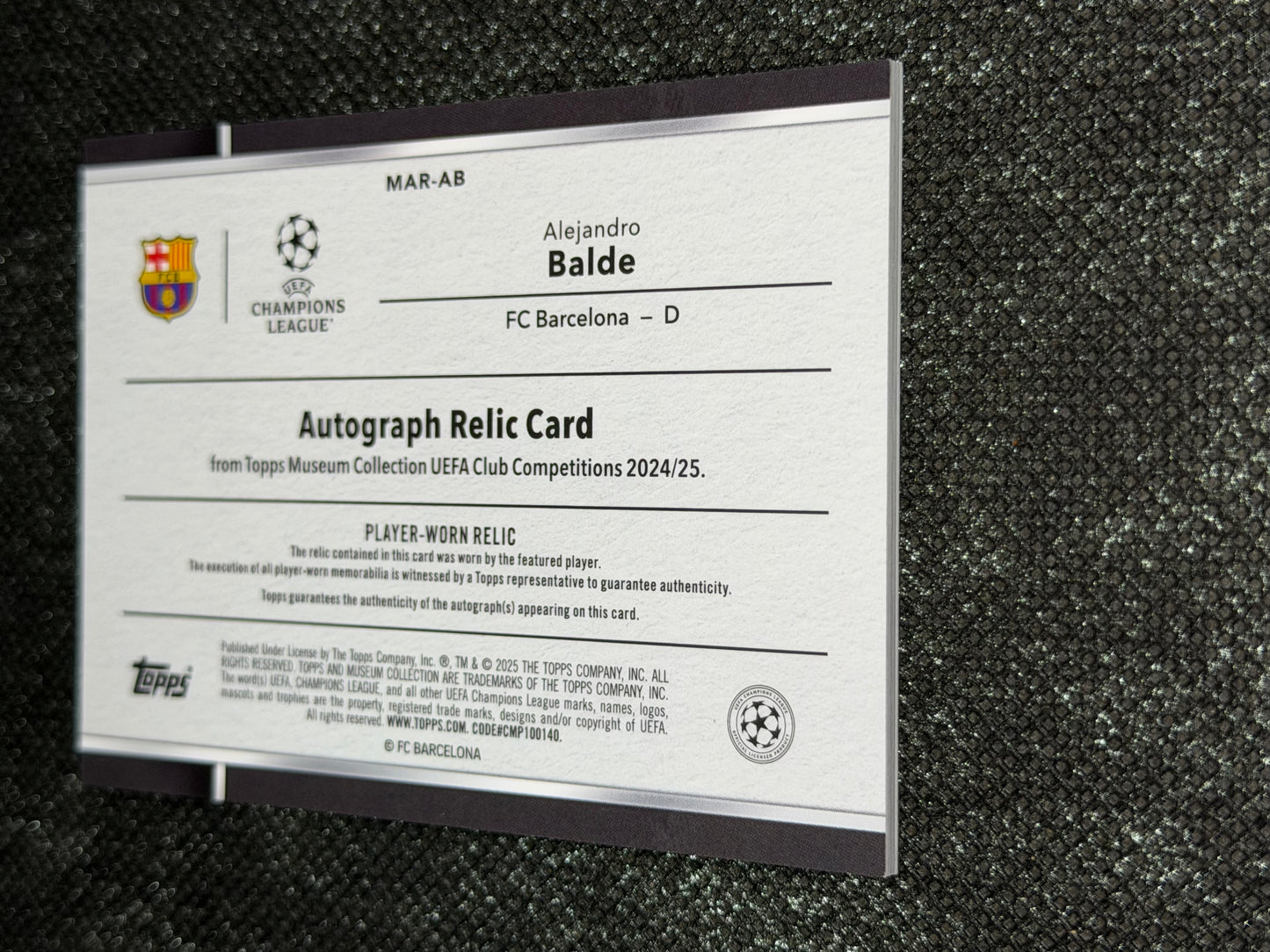 2024-25 Topps Museum Collection UEFA Club Competitions Autograph Relic Card 146/150 - Alejandro Balde