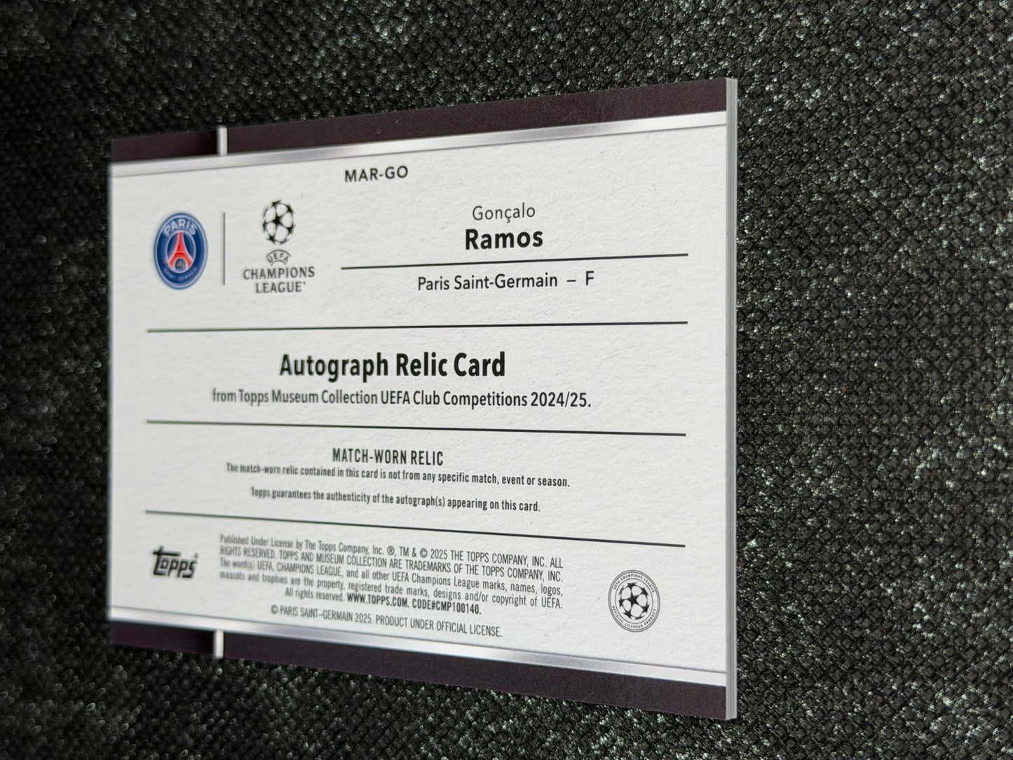 2023-24 Topps Museum Collection UEFA Champions League Autograph Relic Card 59/75 - Goncalo Ramos
