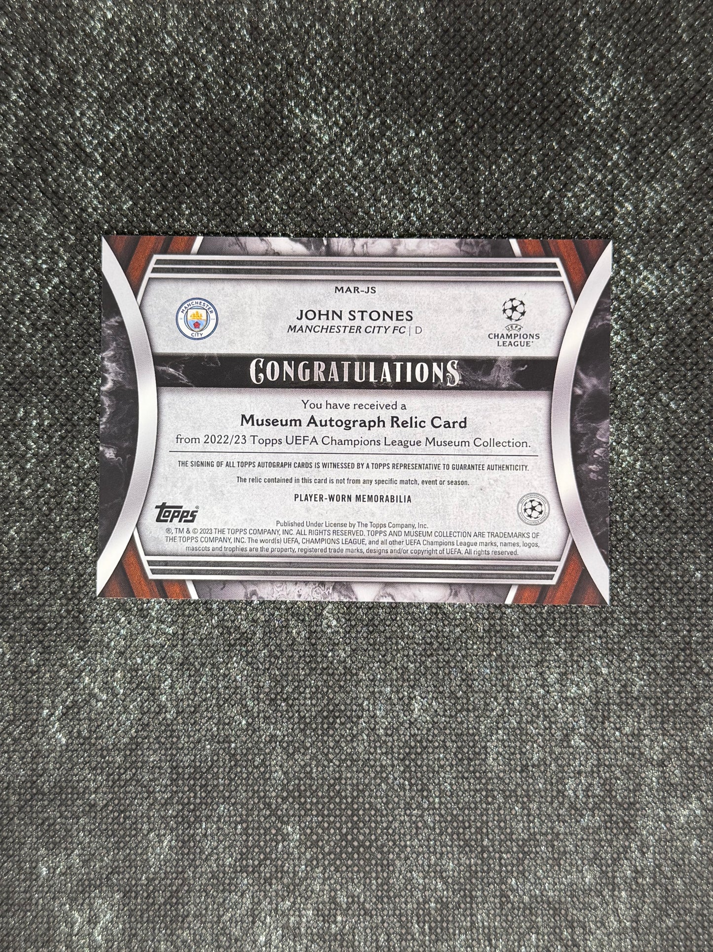 2022-23 Topps Museum Collection UEFA Champions League Autograph Relic Card 272/299 - John Stones
