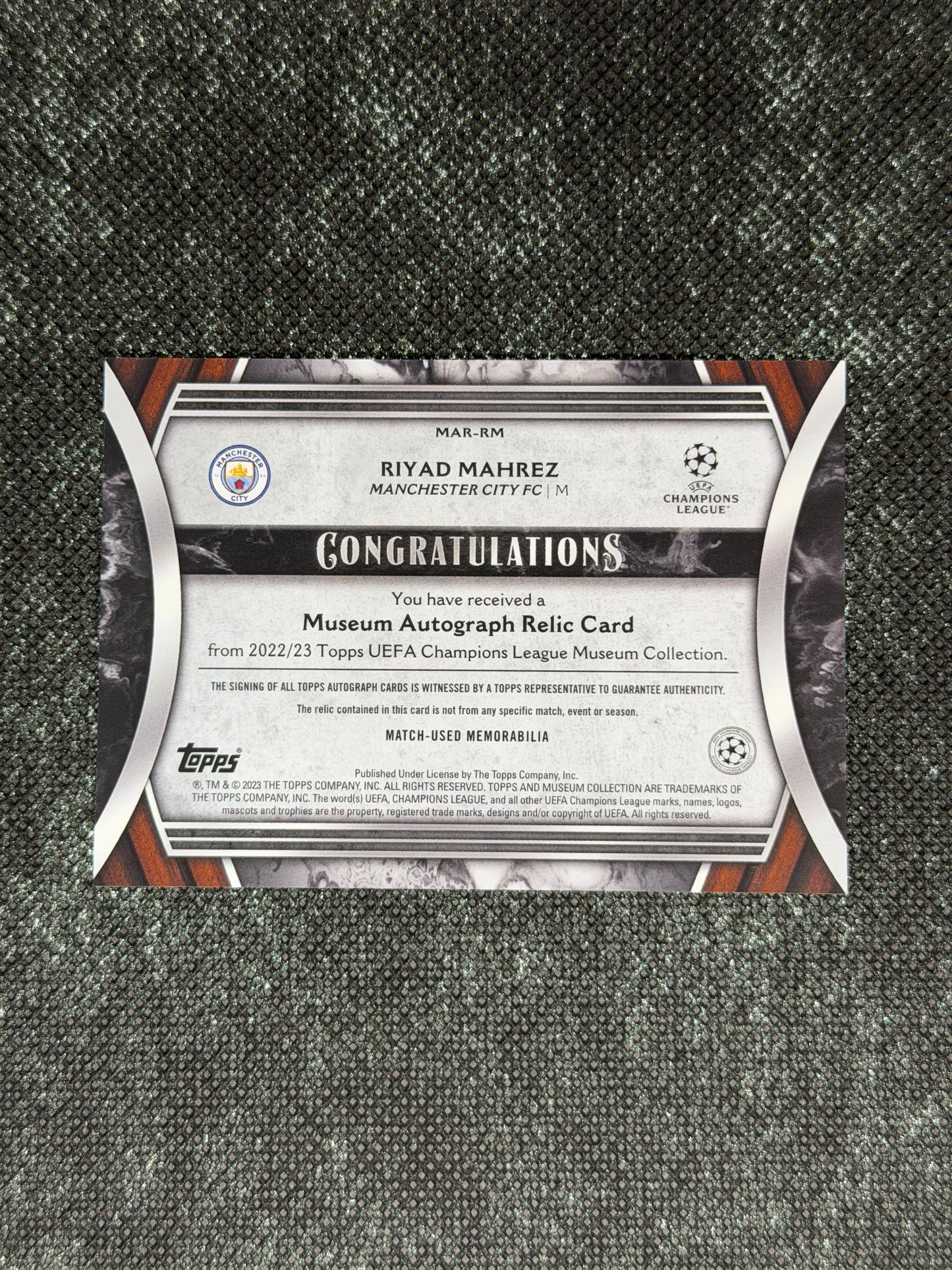 2022-23 Topps Museum Collection UEFA Champions League Autograph Relic Card 262/299 - Riyad Mahrez