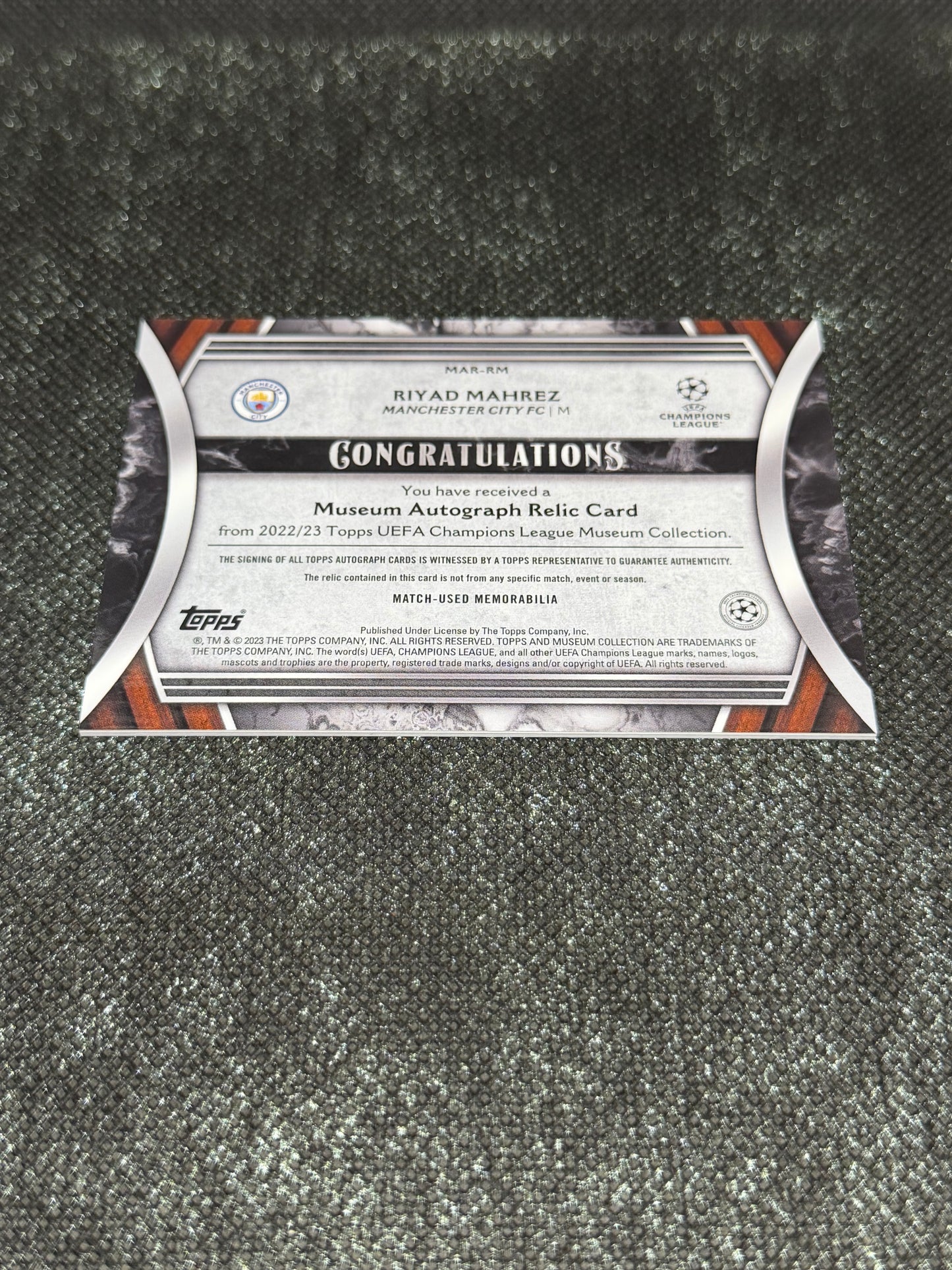 2022-23 Topps Museum Collection UEFA Champions League Autograph Relic Card 262/299 - Riyad Mahrez