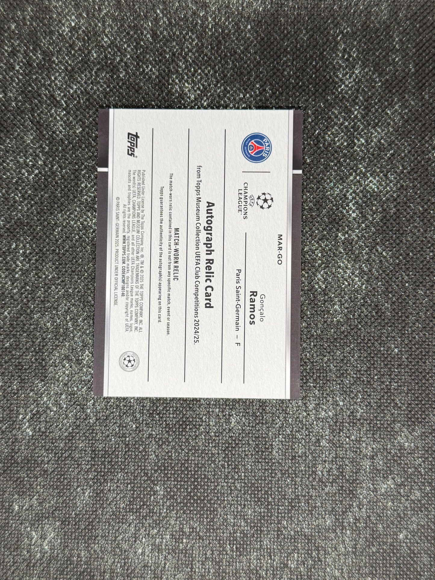 2023-24 Topps Museum Collection UEFA Champions League Autograph Relic Card 293/299 - Goncalo Ramos