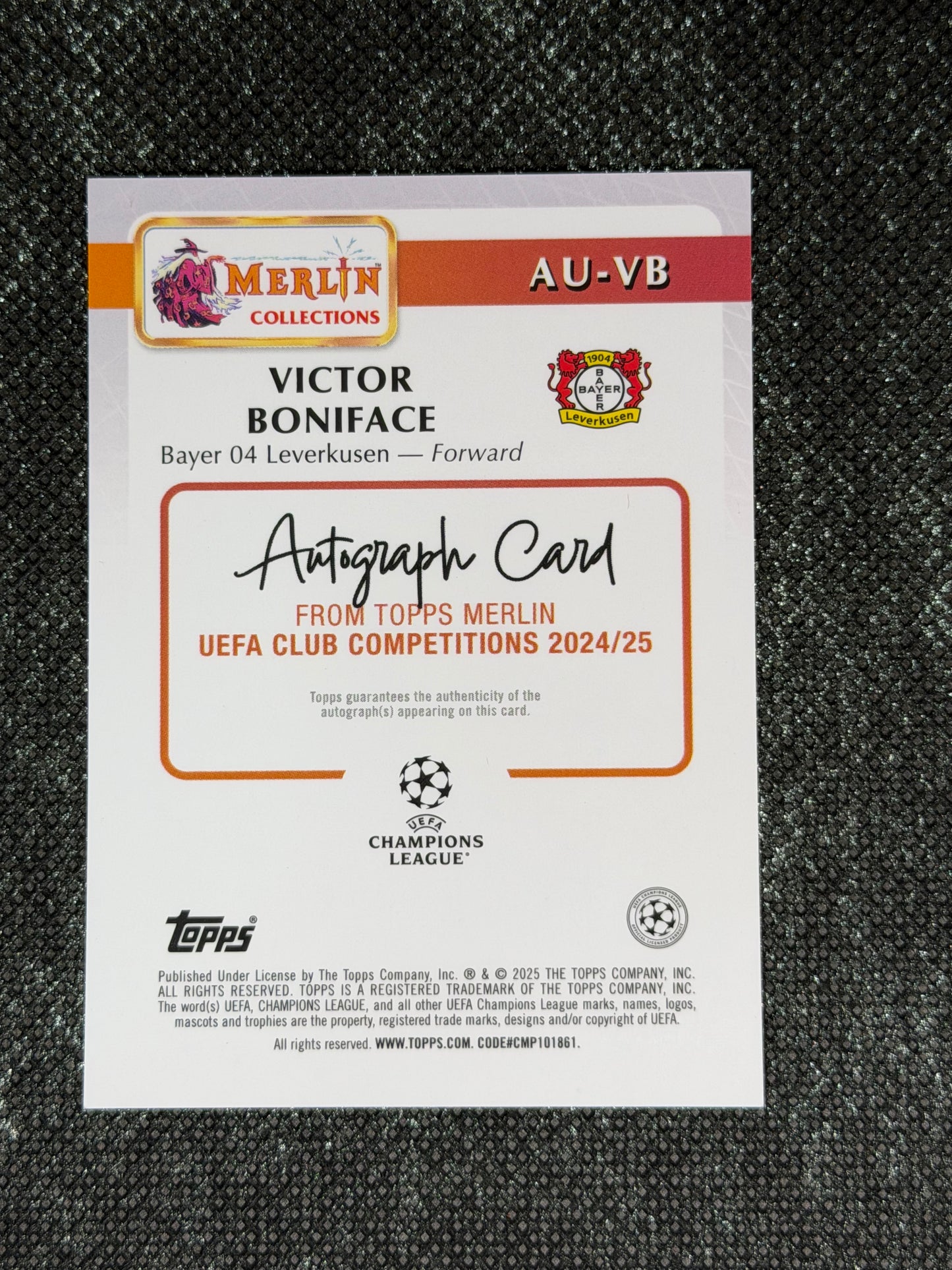 2024-25 Topps Merlin UEFA Club Competitions Autograph Card Orange Mojo 22/25 - Victor Boniface