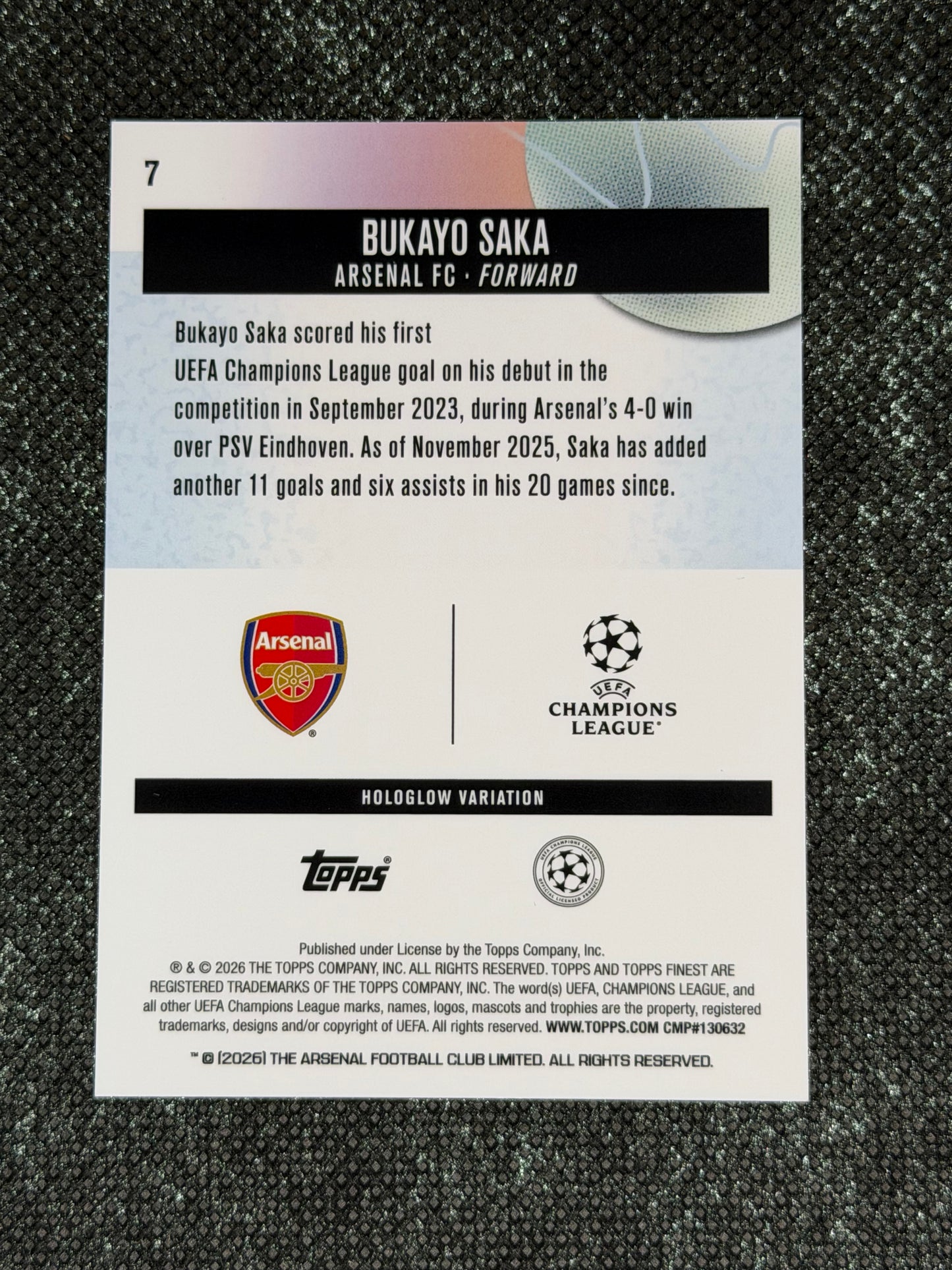 2025-26 Topps Finest Hologlow Insert Gold Variation 01/50 = 1/1 (Case Hit - SSP) - Bukayo Saka