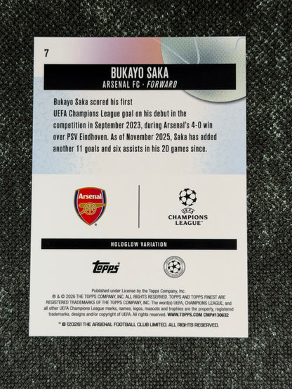 2025-26 Topps Finest Hologlow Insert Gold Variation 01/50 = 1/1 (Case Hit - SSP) - Bukayo Saka