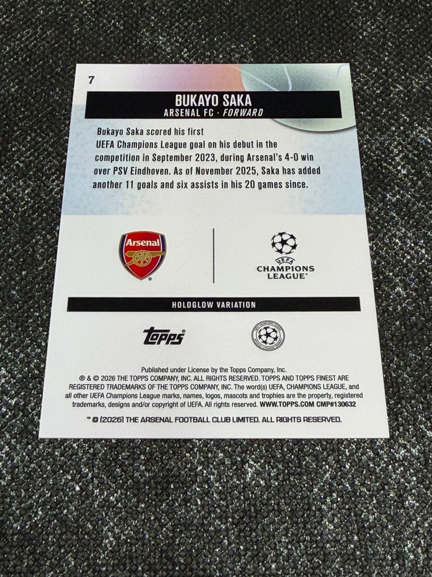 2025-26 Topps Finest Hologlow Insert Gold Variation 01/50 = 1/1 (Case Hit - SSP) - Bukayo Saka