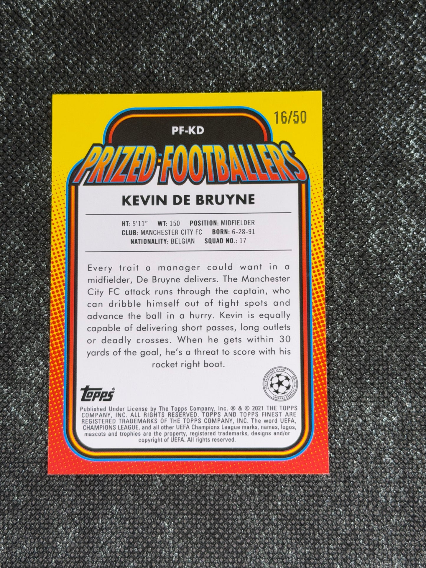 2020-21 Topps Finest UCC Prized Footballers Insert Gold 16/50 - Kevin De Bruyne