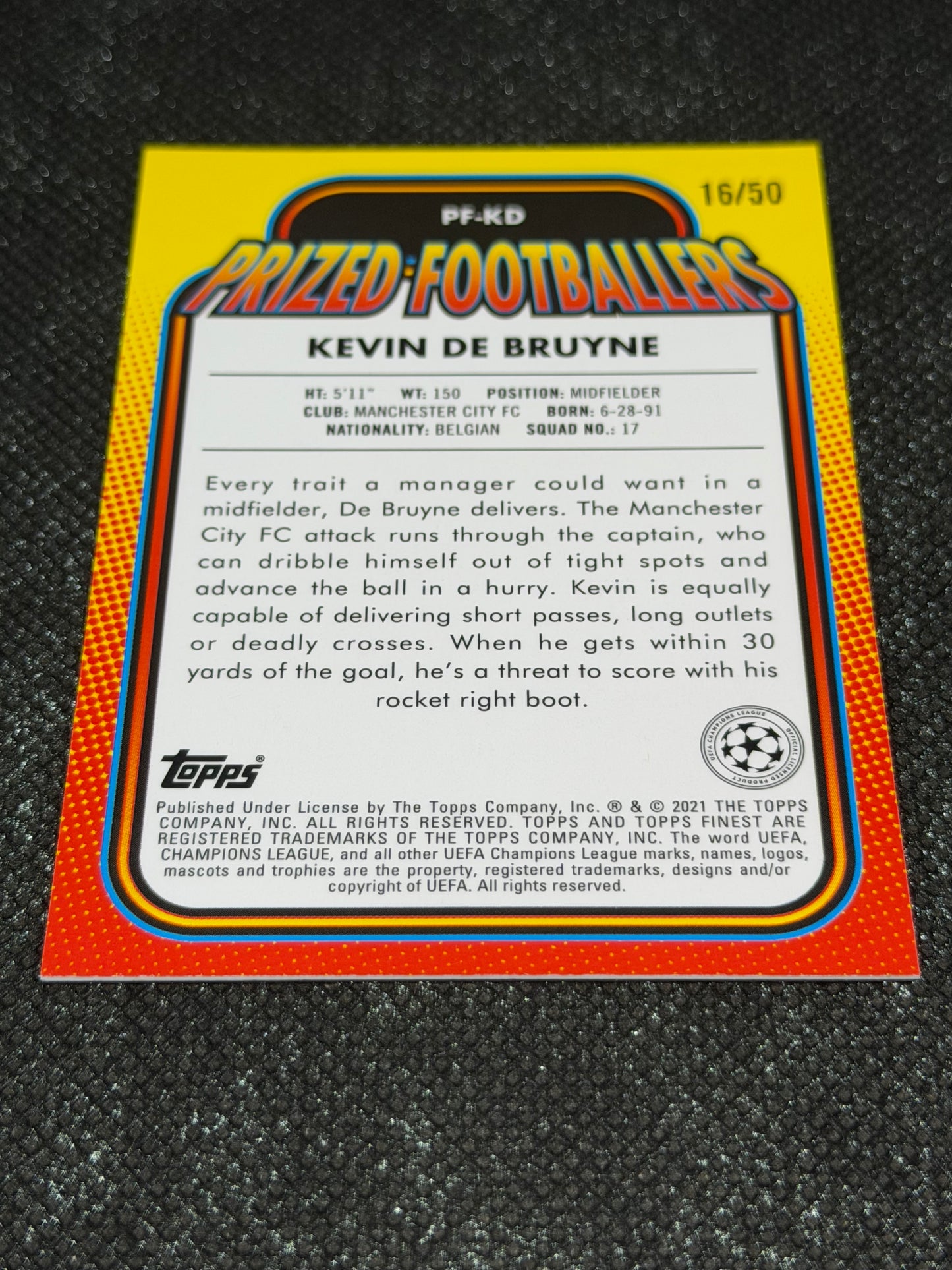 2020-21 Topps Finest UCC Prized Footballers Insert Gold 16/50 - Kevin De Bruyne