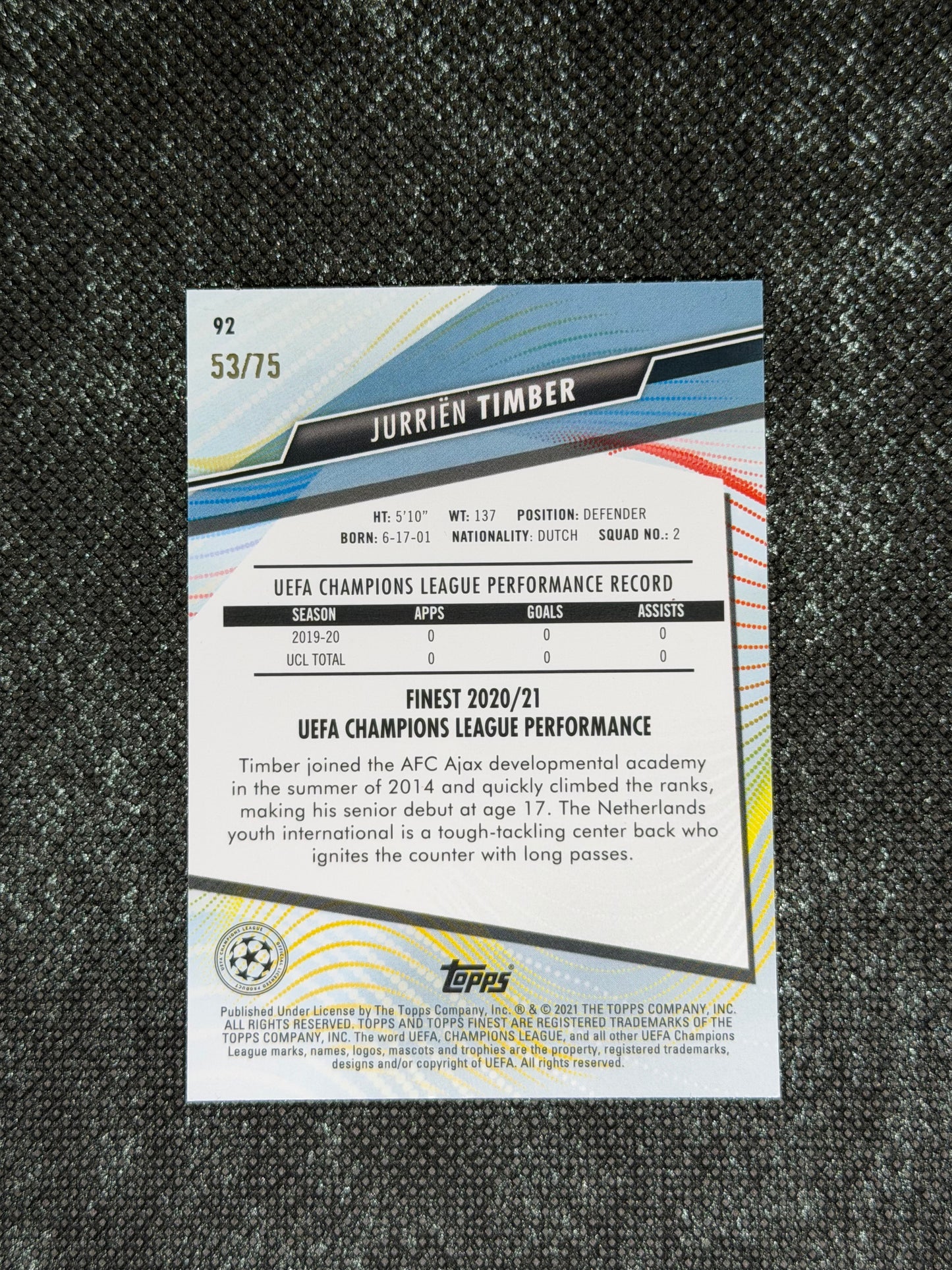 2020-21 Topps Finest UCC Aqua Refractor RC 53/75 - Jurrien Timber