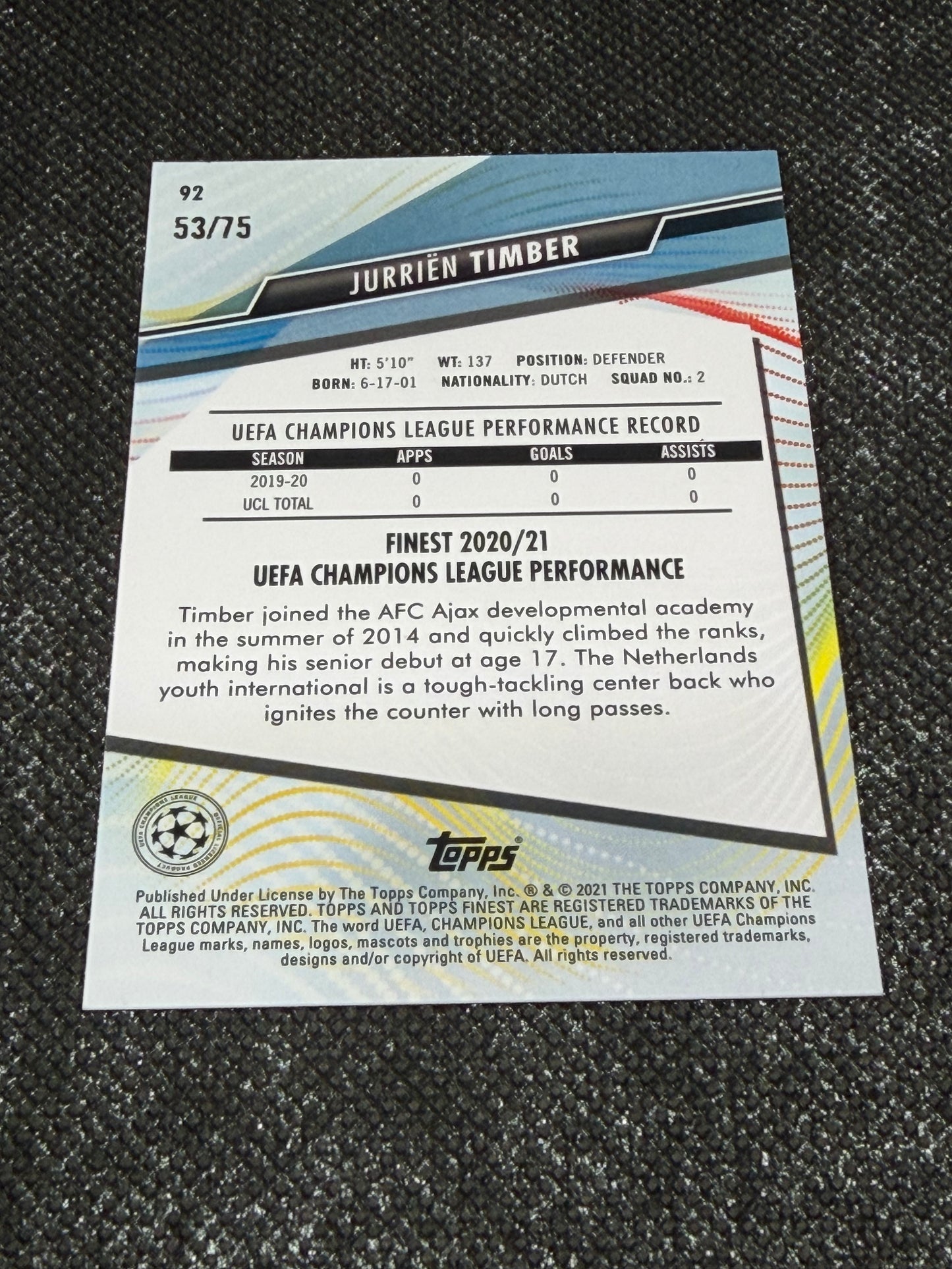 2020-21 Topps Finest UCC Aqua Refractor RC 53/75 - Jurrien Timber