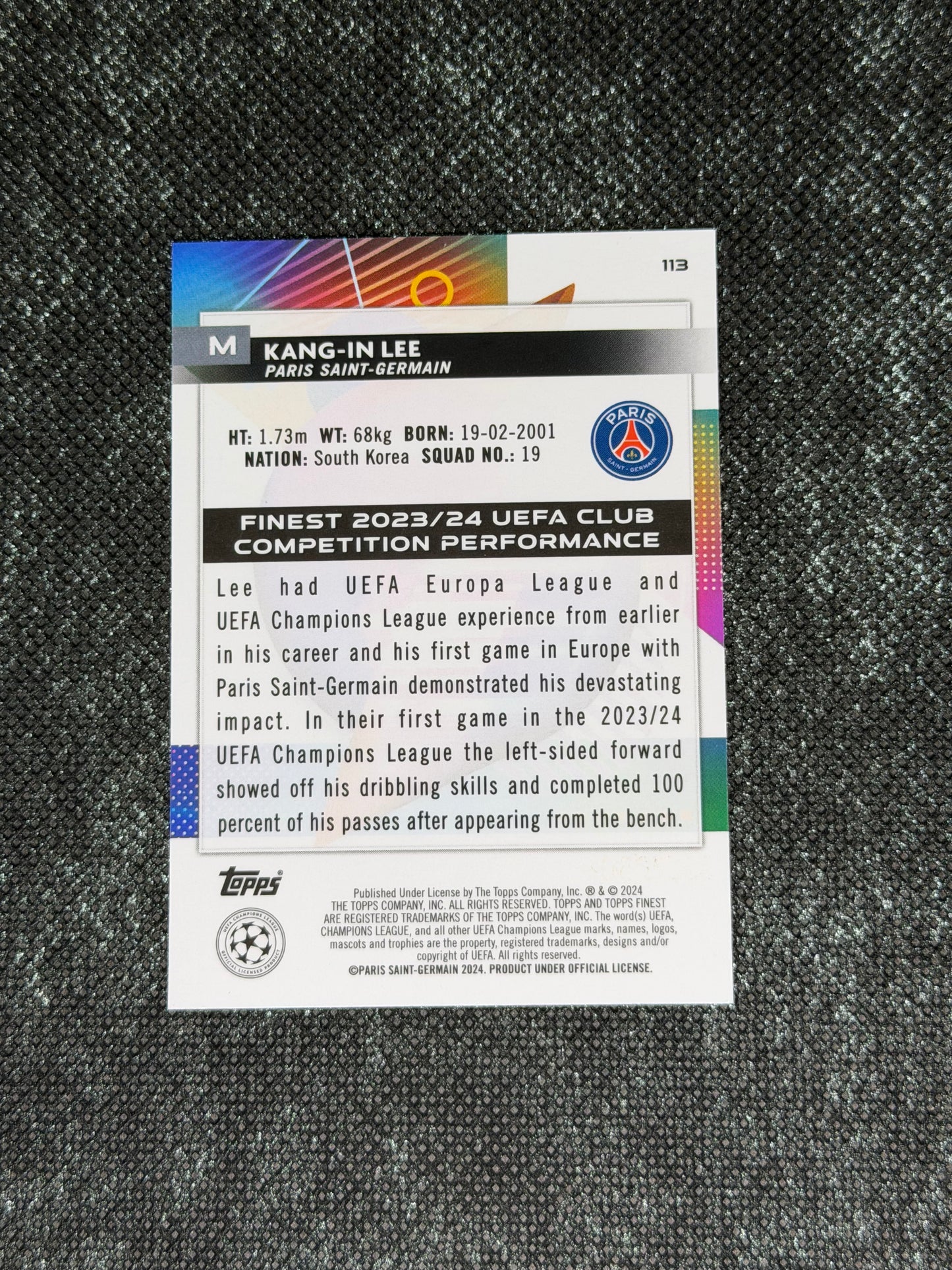 2023-24 TOPPS FINEST UCC BLUE AQUA VAPORWAVE 118/250 - KANG-IN LEE