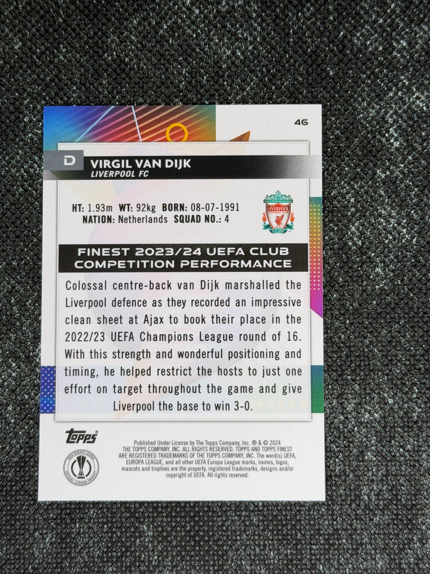 2023-24 TOPPS FINEST UCC GREEN REFRACTOR 87/99 - VIRGIL VAN DIJK