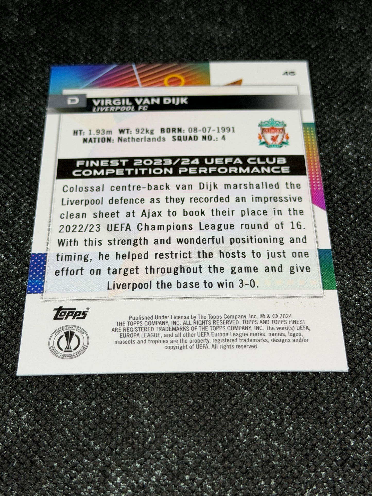 2023-24 TOPPS FINEST UCC GREEN REFRACTOR 87/99 - VIRGIL VAN DIJK