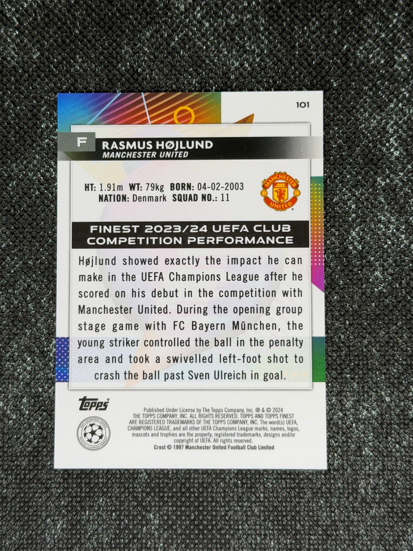 2023-24 TOPPS FINEST UCC AQUA REFRACTOR 027/250 - RASMUS HOJLUND