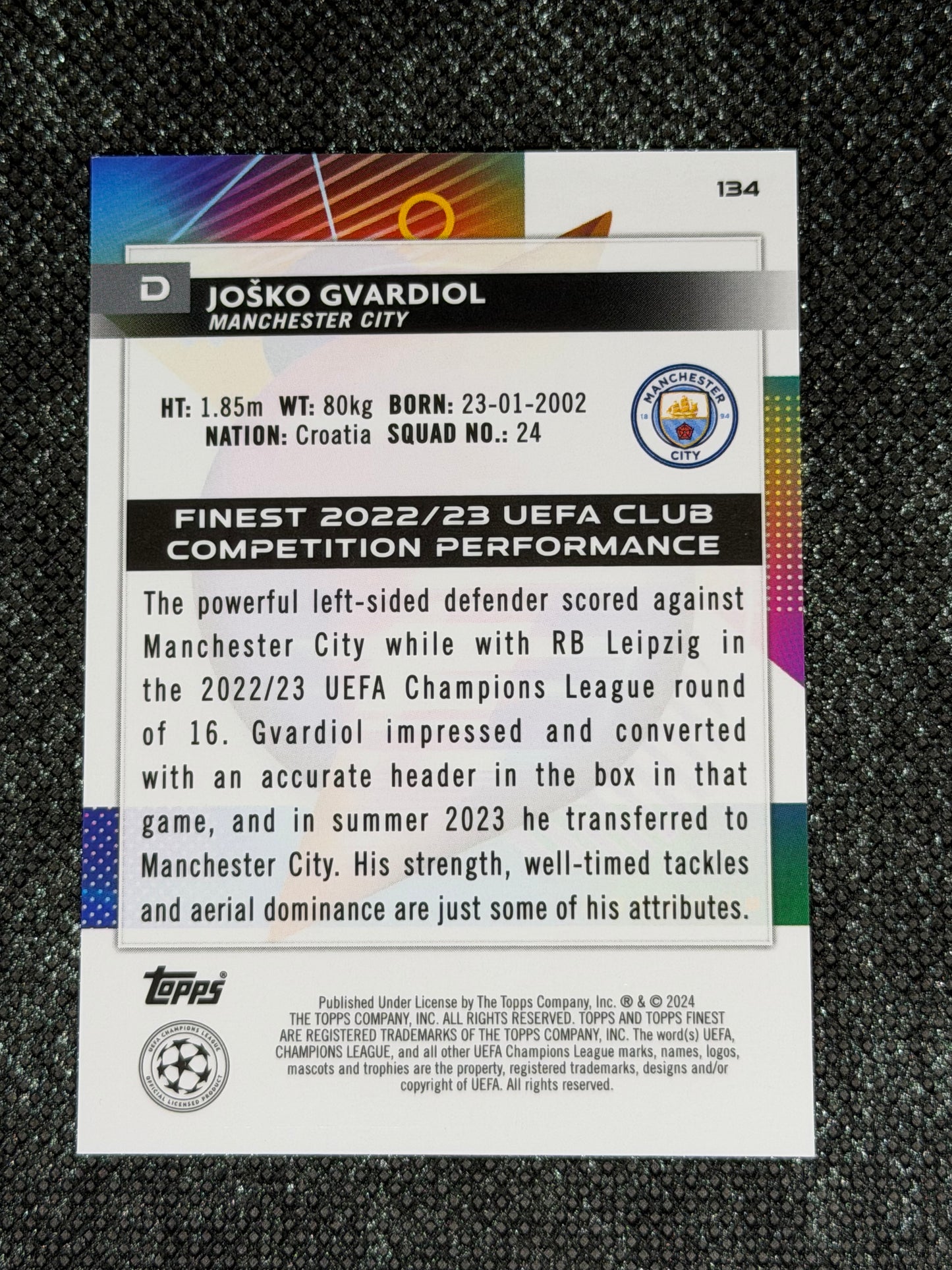 2023-24 TOPPS FINEST UCC AQUA REFRACTOR 061/250 - JOSKO GVARDIOL