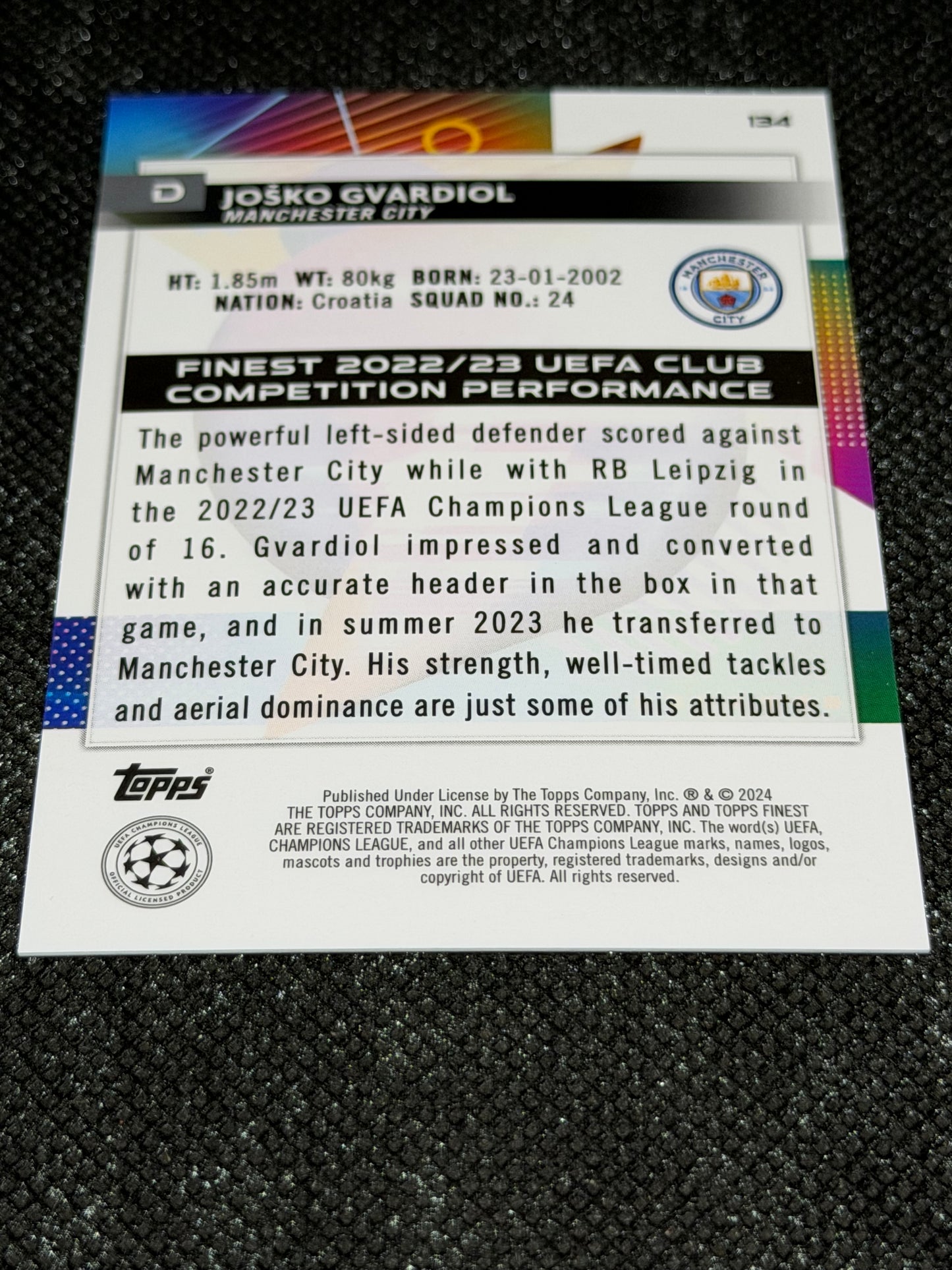 2023-24 TOPPS FINEST UCC AQUA REFRACTOR 061/250 - JOSKO GVARDIOL