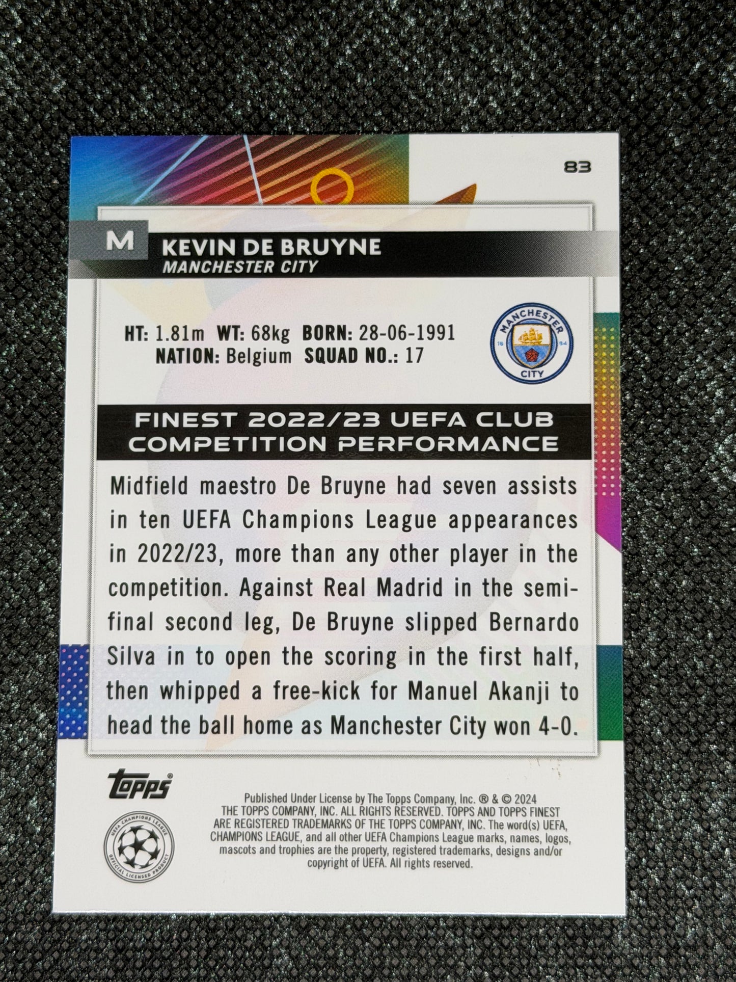 2023-24 TOPPS FINEST UCC GREEN REFRACTOR 89/99 - Kevin De Bruyne