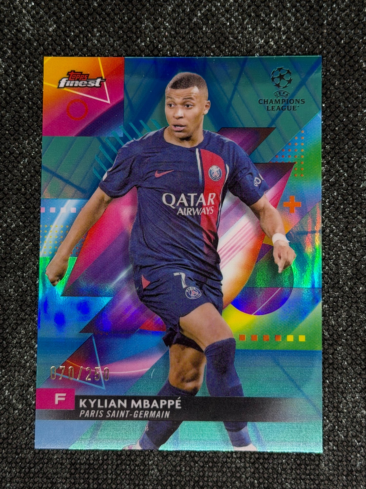 2023-24 Topps Finest UCC Aqua Paperwave Refractor 070/250 - Kylian Mbappe