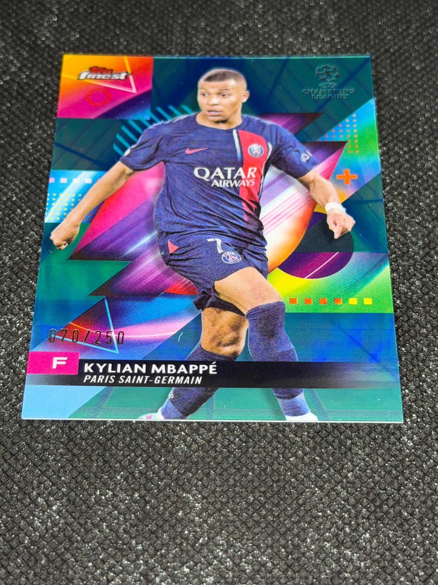 2023-24 Topps Finest UCC Aqua Paperwave Refractor 070/250 - Kylian Mbappe