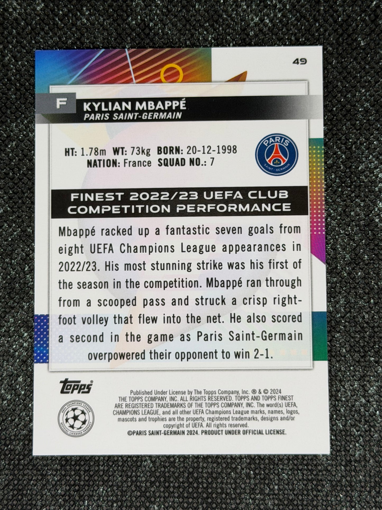2023-24 Topps Finest UCC Aqua Paperwave Refractor 070/250 - Kylian Mbappe