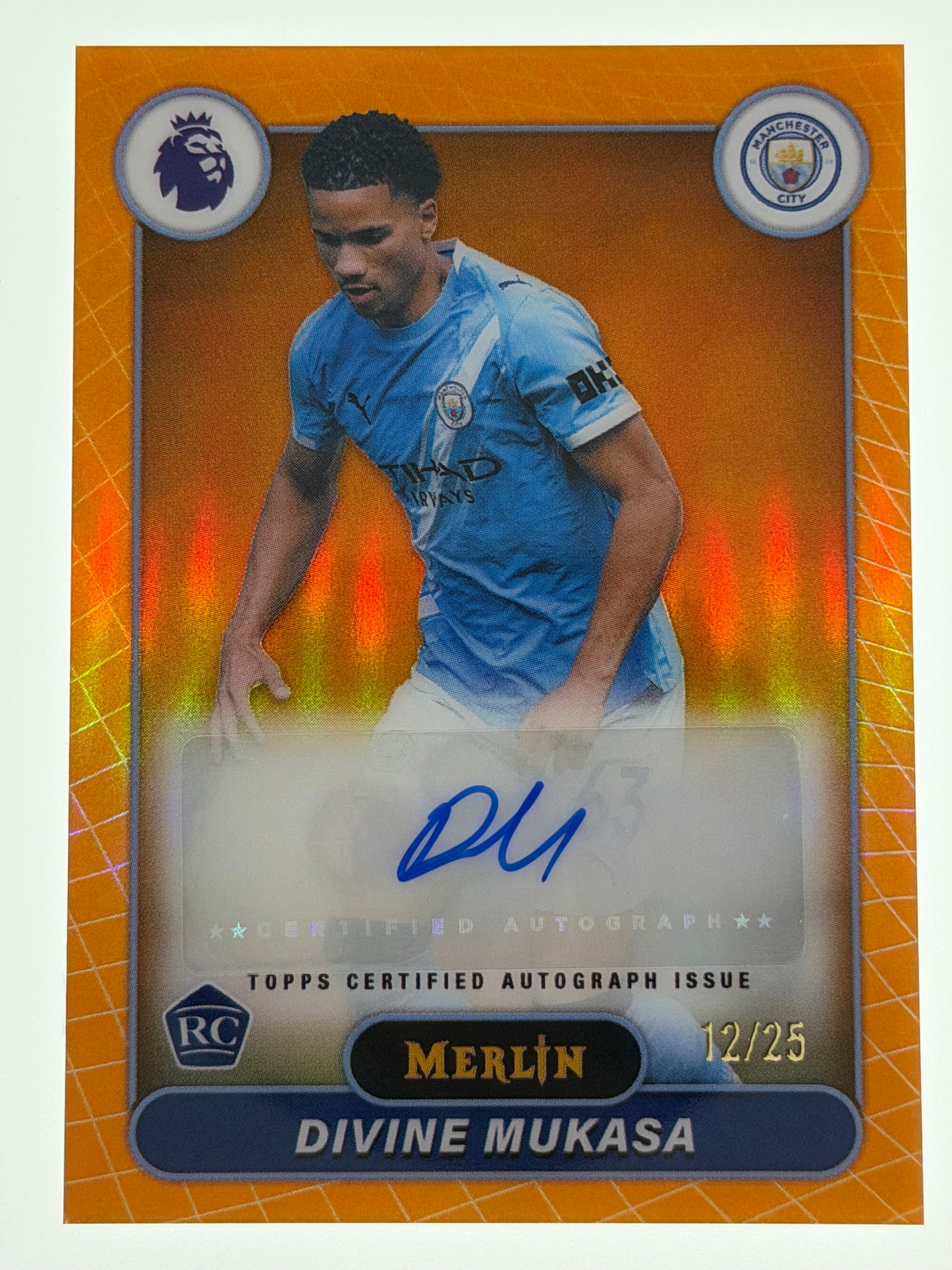 2025-26 Topps Merlin Premier League Autograph Card Orange 12/25 RC  - Divine Mukasa