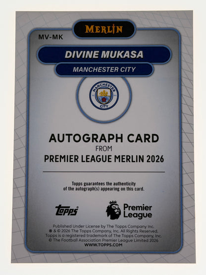 2025-26 Topps Merlin Premier League Autograph Card Orange 12/25 RC  - Divine Mukasa