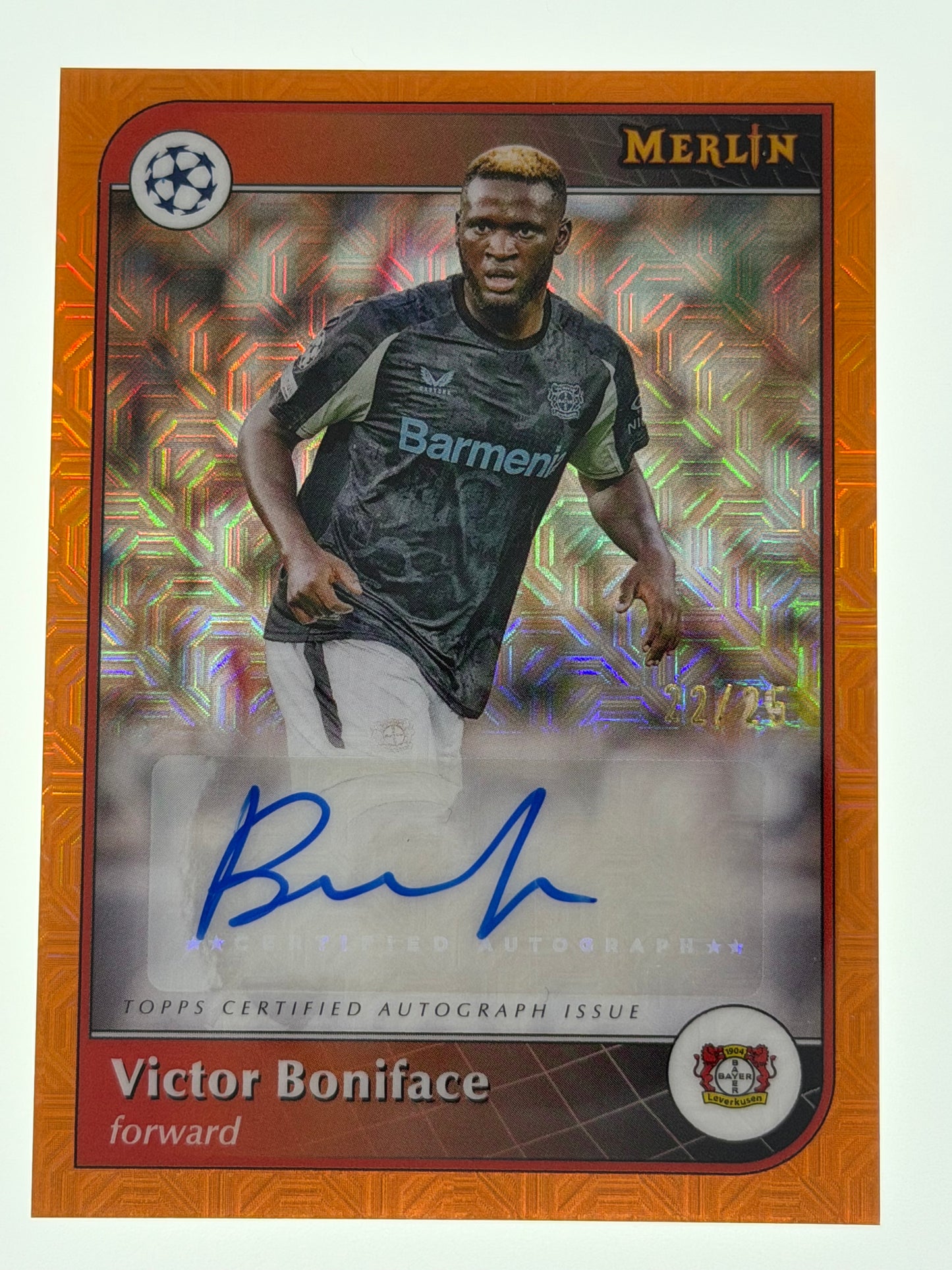 2024-25 Topps Merlin UEFA Club Competitions Autograph Card Orange 22/25  - Victor Boniface