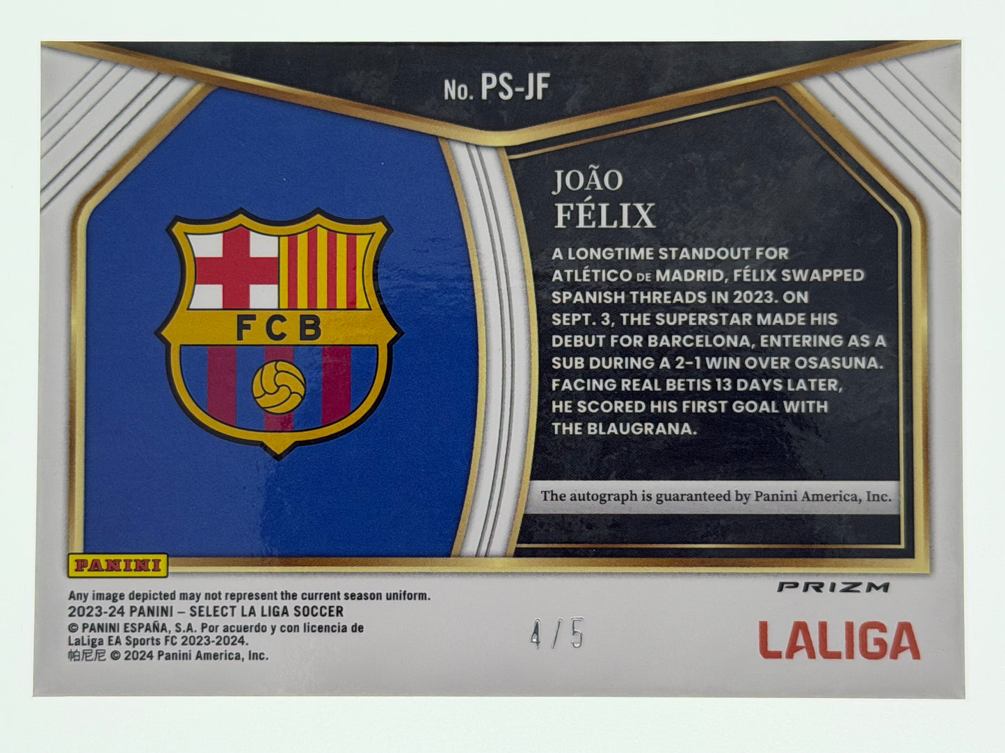 2023-24 Panini Select La Liga Soccer Pitchside Signatures Purple 4/5 - Joao Felix