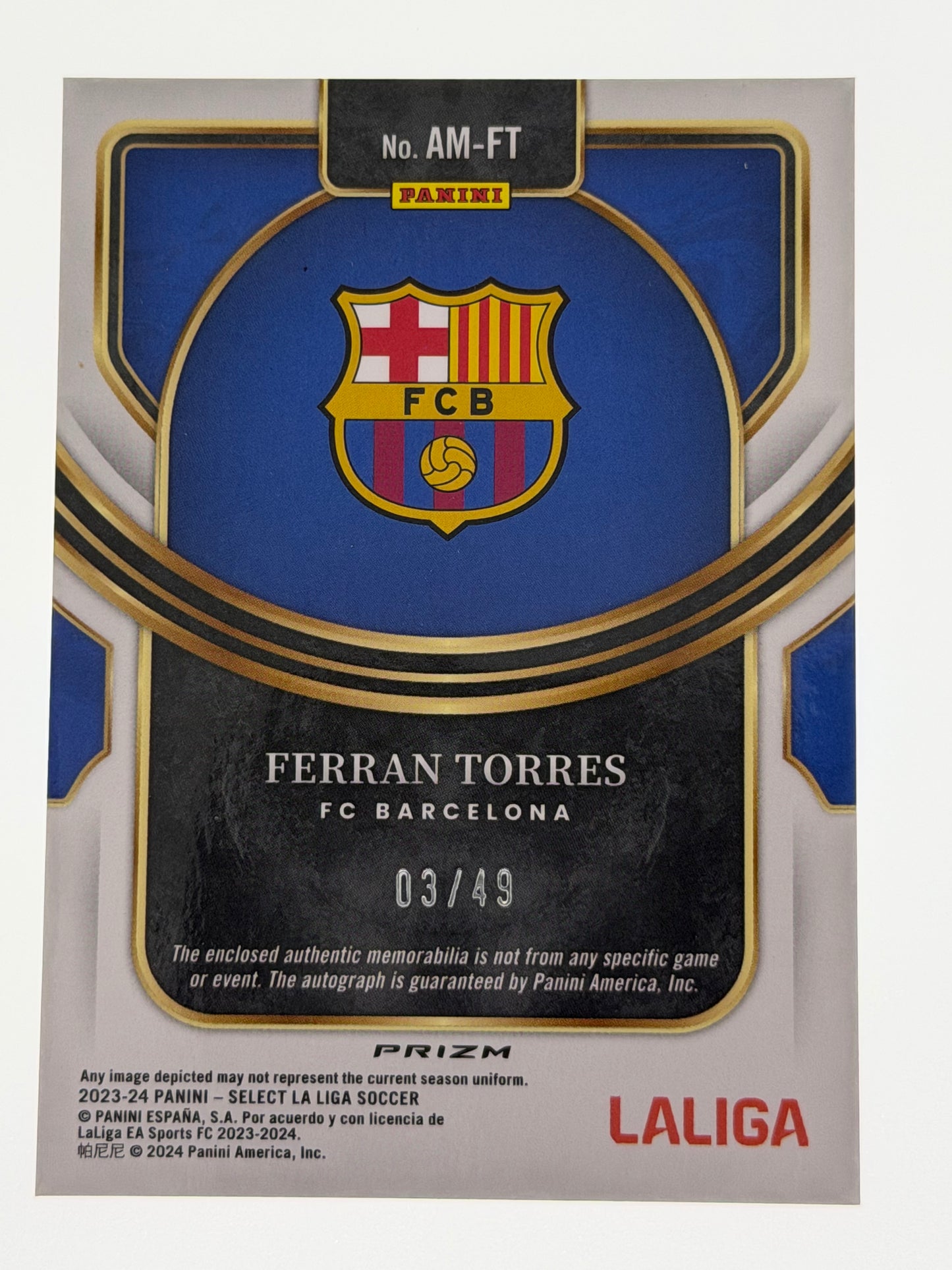 2023-24 Panini - Select La Liga Soccer Autographed Memorabilia 03/49 - Ferran Torres