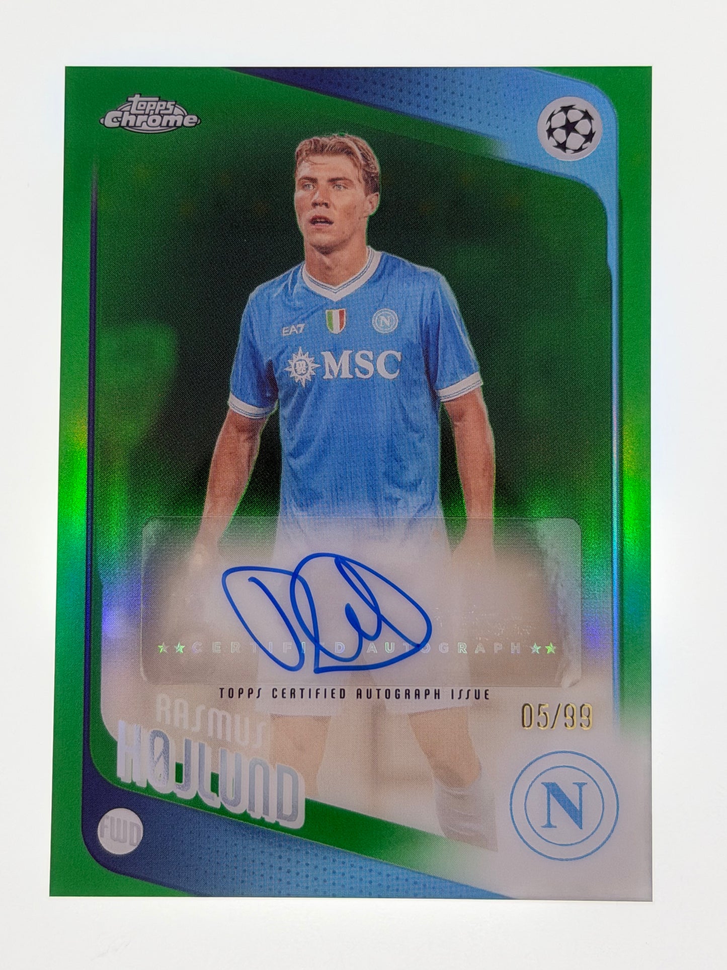 2025-26 Topps Chrome UEFA Club Competitions Autograph Card Green 05/99 - Rasmus Hojlund
