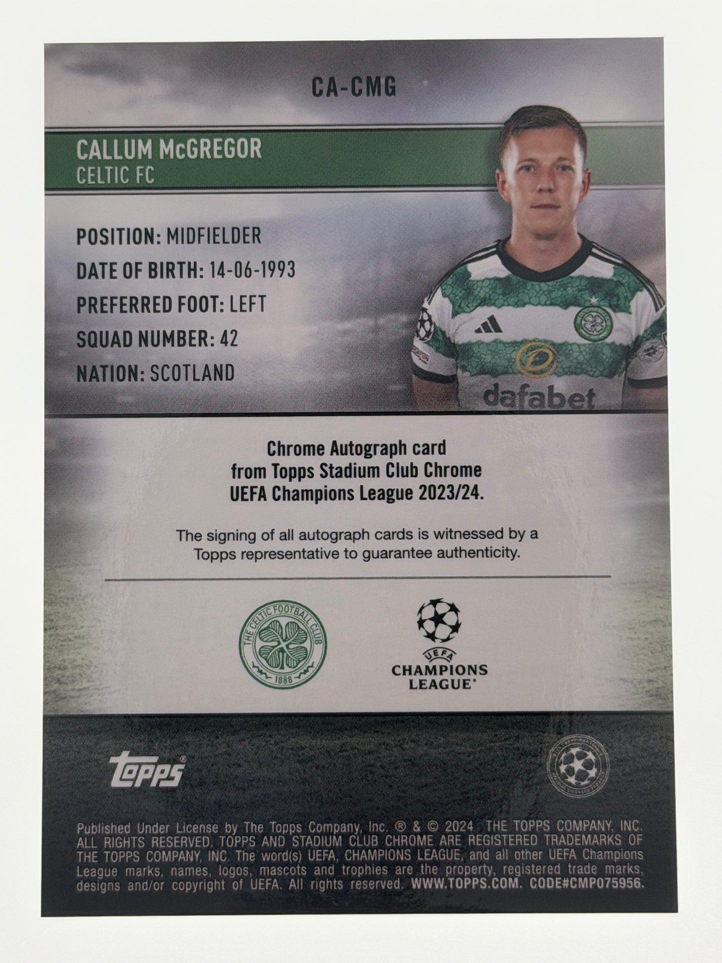2023-24 Topps Stadium Club Chrome UEFA Champions League Autograph Card - Callum Mcgregor
