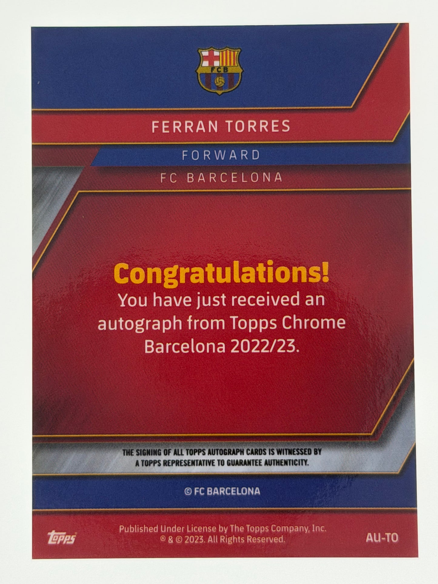 2022-23 Topps Chrome Barcelona Autograph Card - Ferran Torres