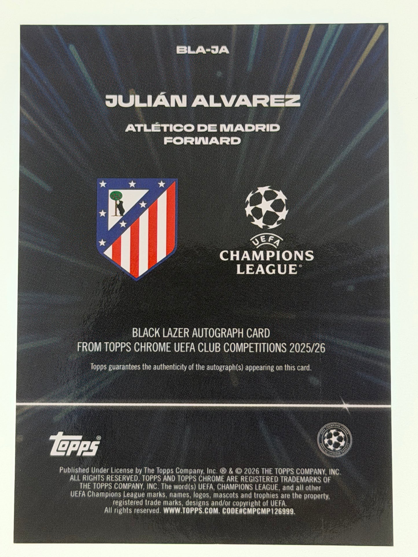 2025-26 Topps Chrome UEFA Club Competitions Black Lazer Autograph Card Blue 095/150 - Julian Alvarez