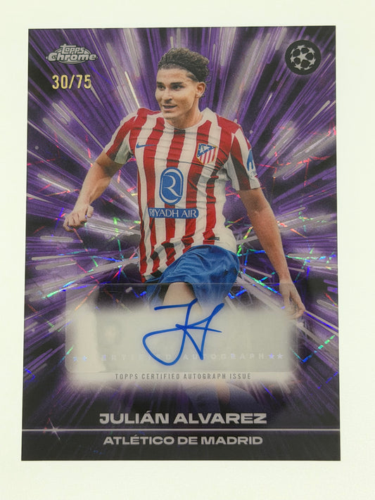 2025-26 Topps Chrome UEFA Club Competitions Black Lazer Autograph Card Purple 30/75 - Julian Alvarez