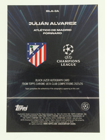2025-26 Topps Chrome UEFA Club Competitions Black Lazer Autograph Card Purple 30/75 - Julian Alvarez