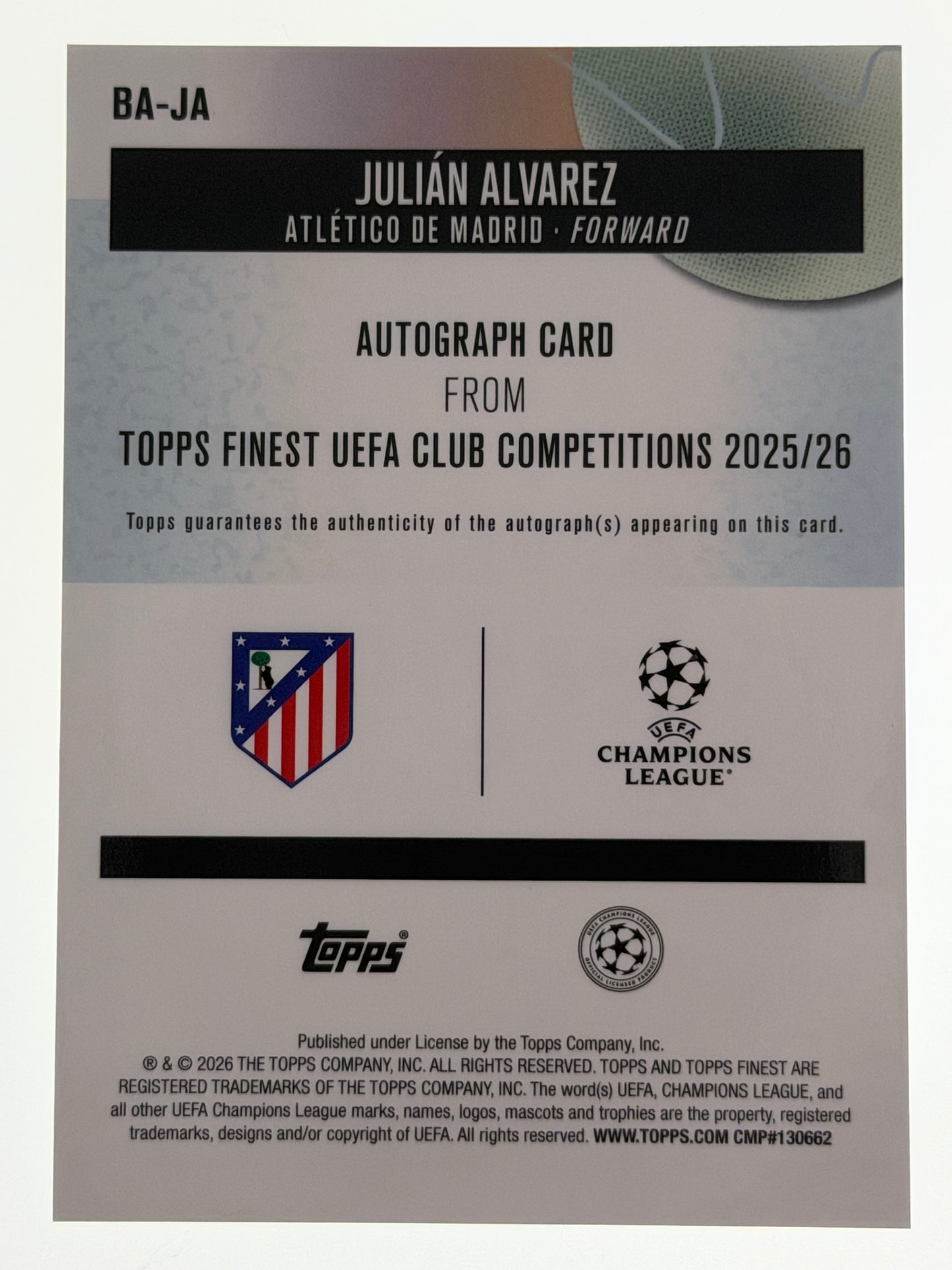 Topps Finest UEFA Club Competitions Autograph Card Purple 12/75 - Julian Alvarez