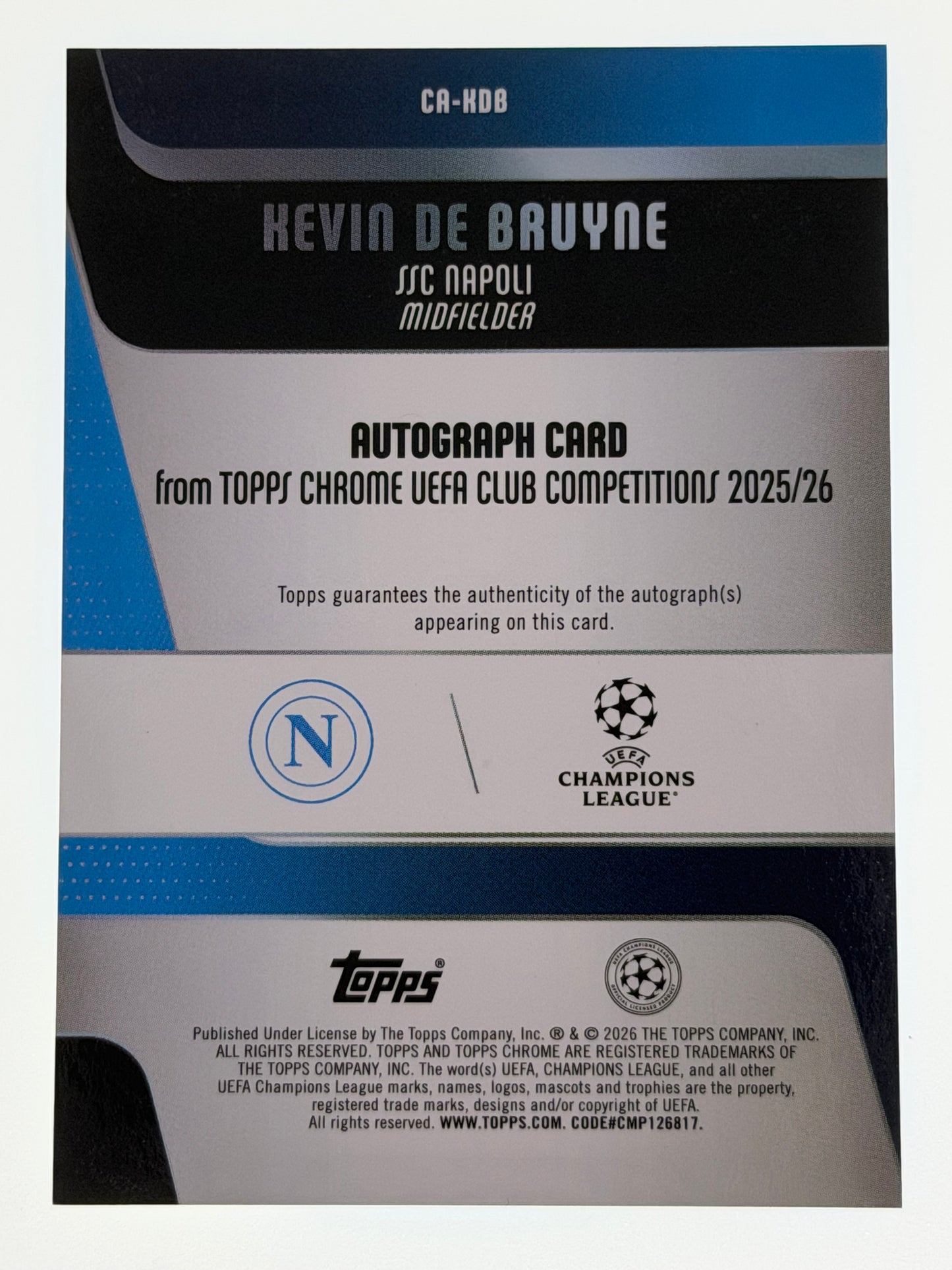 2025-26 Topps UEFA Club Competitions Autograph Card Blue Lava 095/150 - Kevin De Bruyne