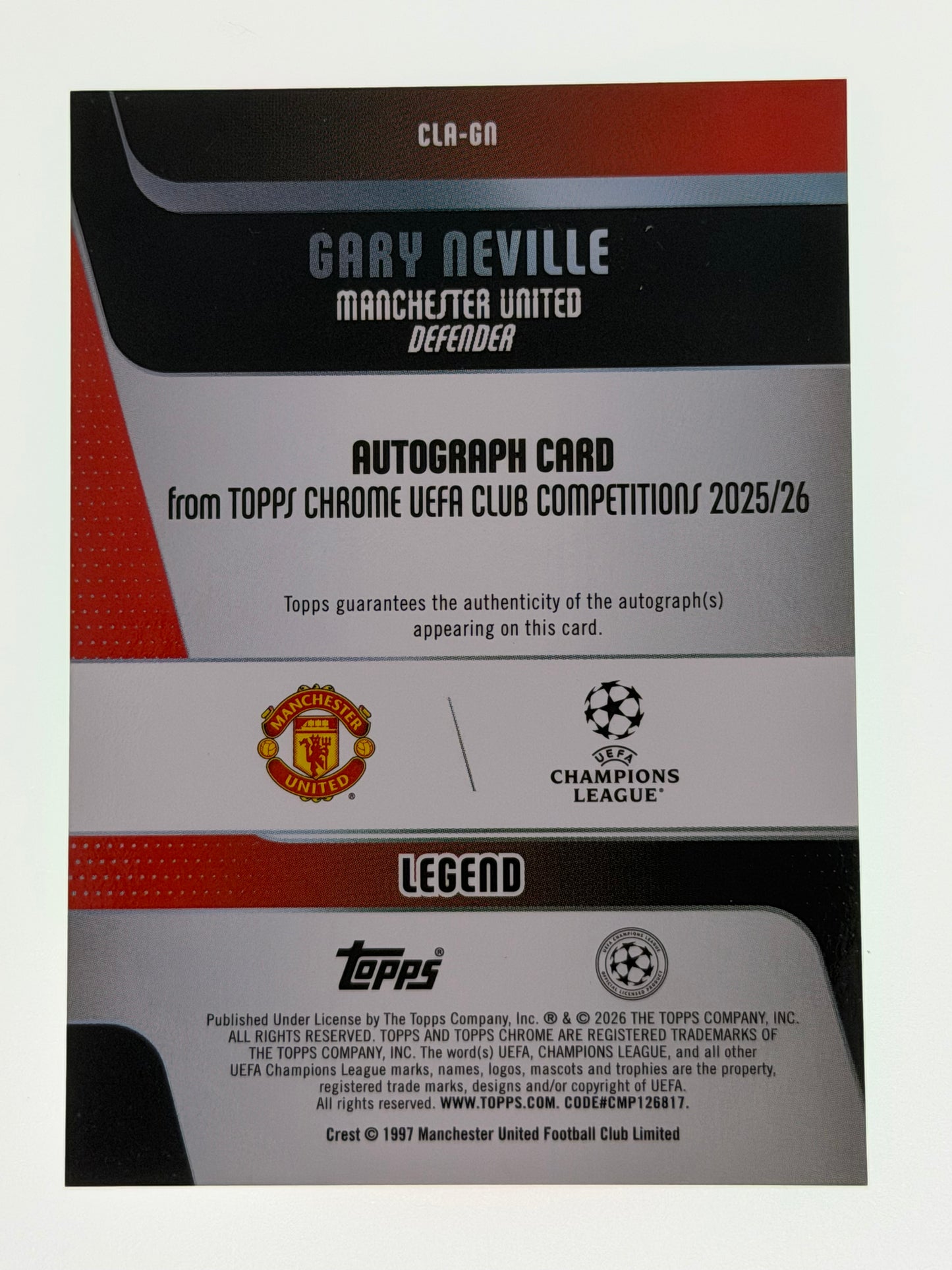 2025-26 Topps UEFA Club Competitions Autograph Card Green 23/99 - Gary Neville