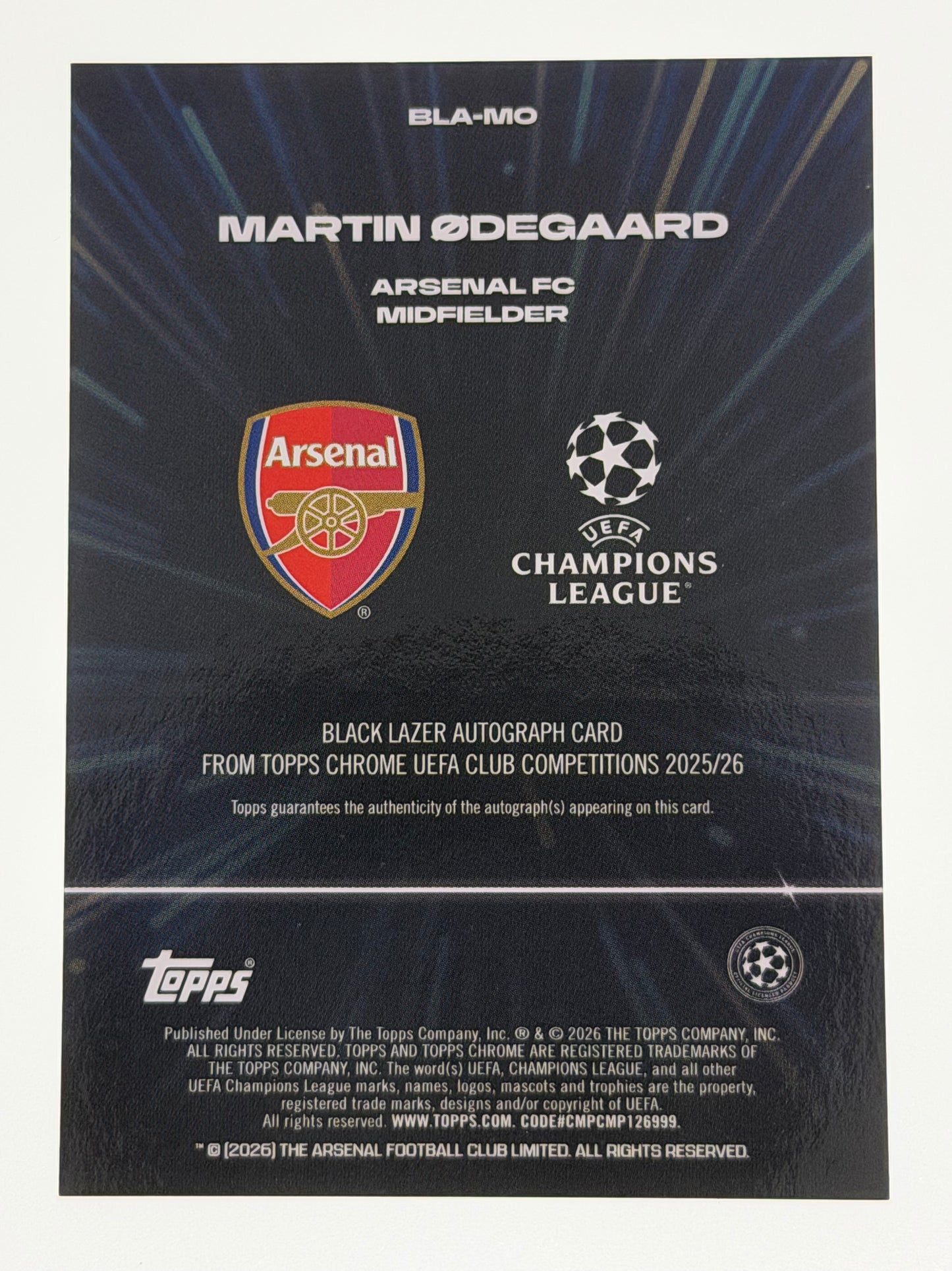 2025-26 Topps Chrome UEFA Club Competitions Black Lazer Autograph Card - Martin Odegaard