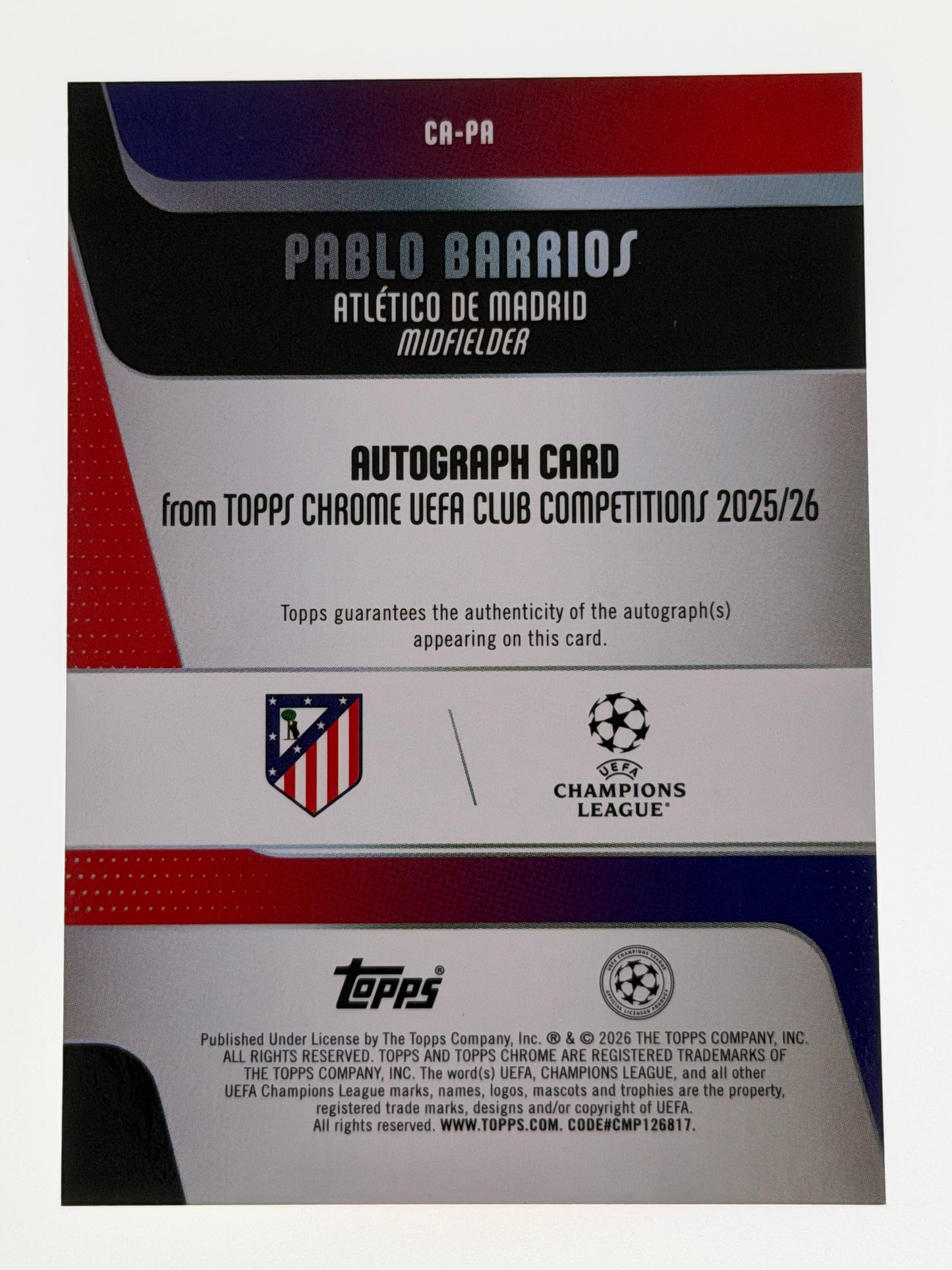 2025-26 Topps UEFA Club Competitions Autograph Card Purple 09/75 - Pablo Barrios