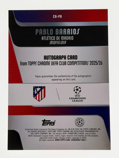 2025-26 Topps UEFA Club Competitions Autograph Card Purple 09/75 - Pablo Barrios