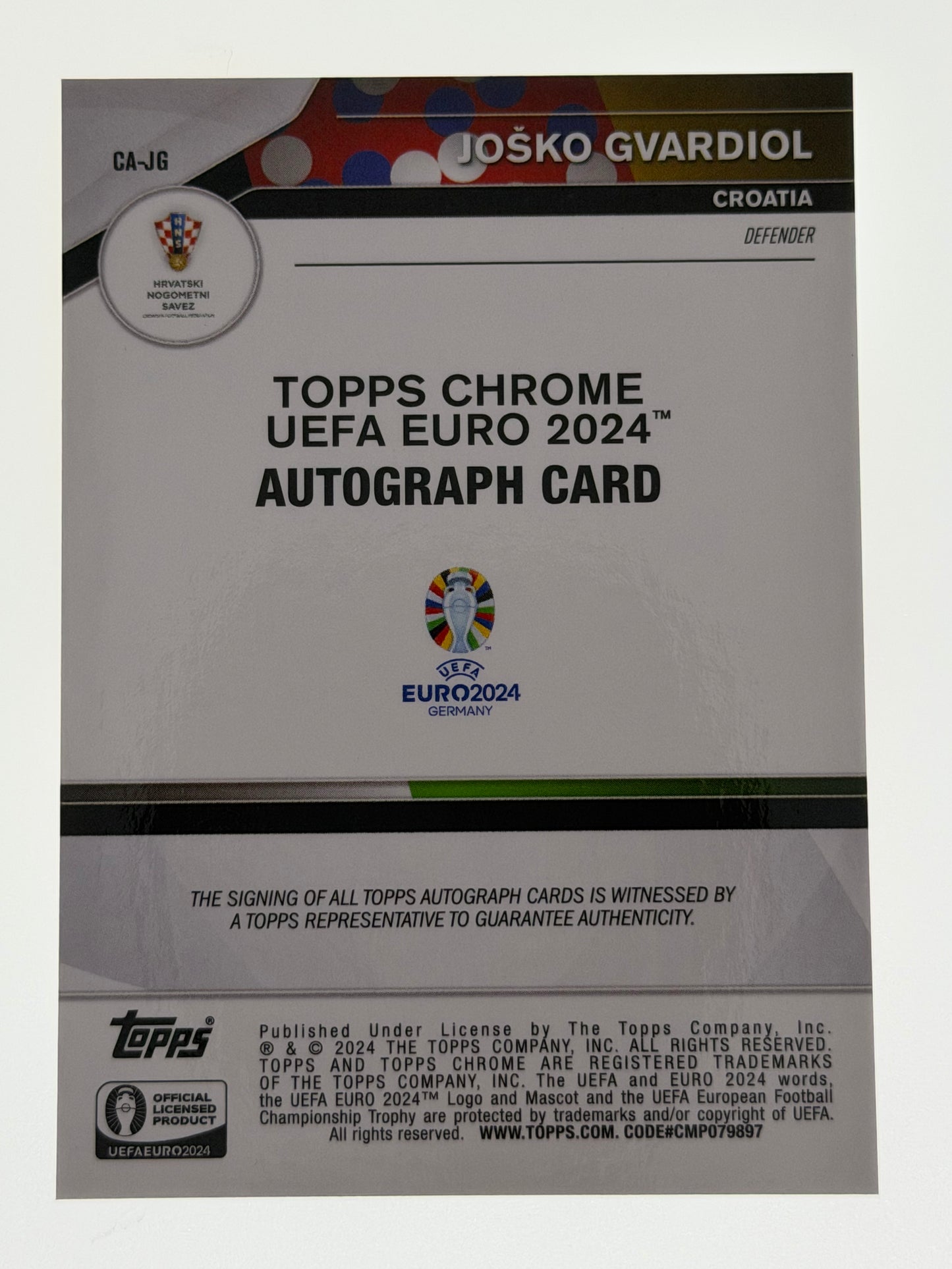 Topps Chrome UEFA Euro 2024 Autograph Card Gold 25/50 - Josko Gvardiol