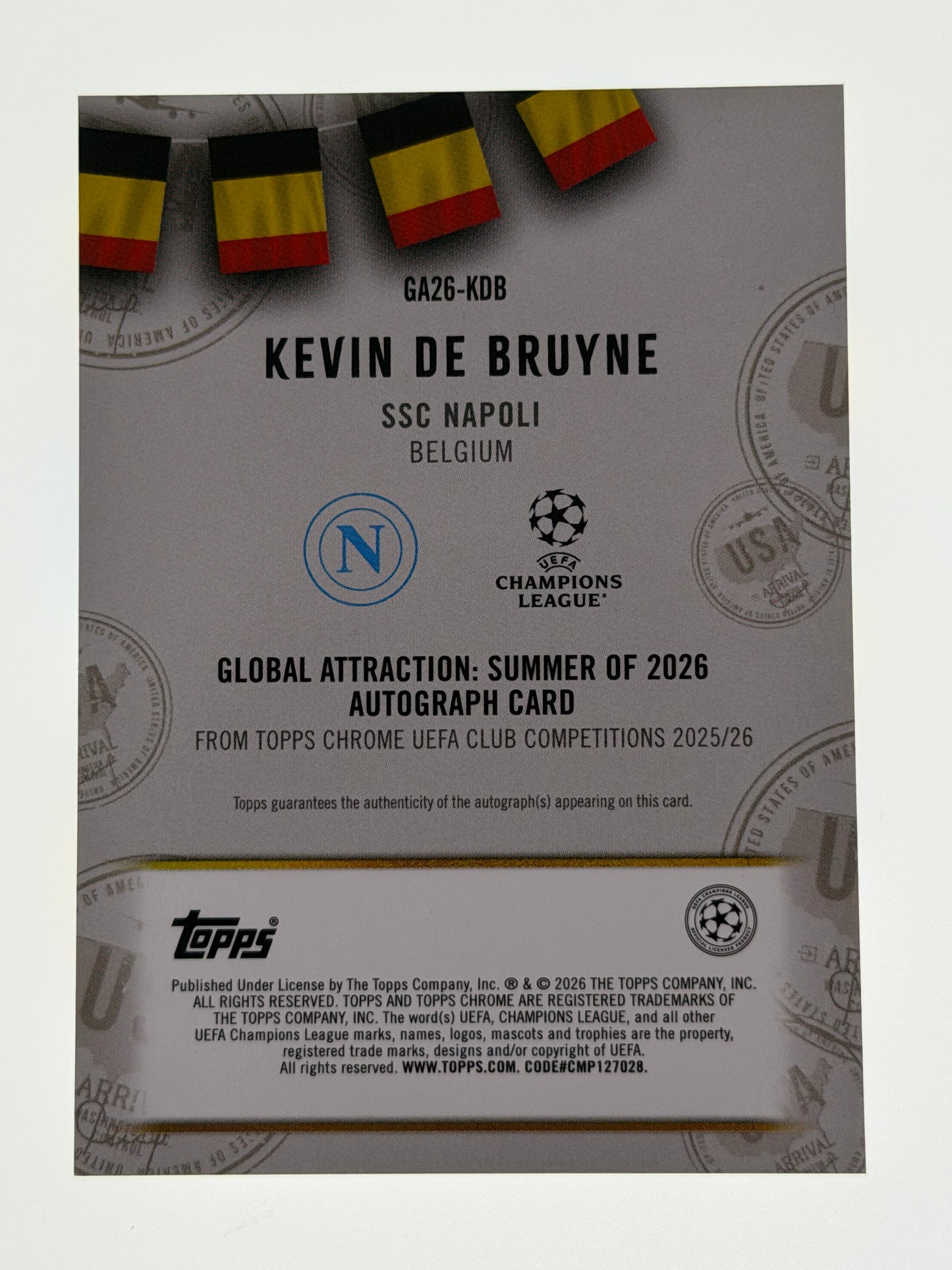 2025-26 Topps UEFA Club Competitions Global Attraction: Summer of 2026 Autograph Card 11/99 - Kevin De Bruyne