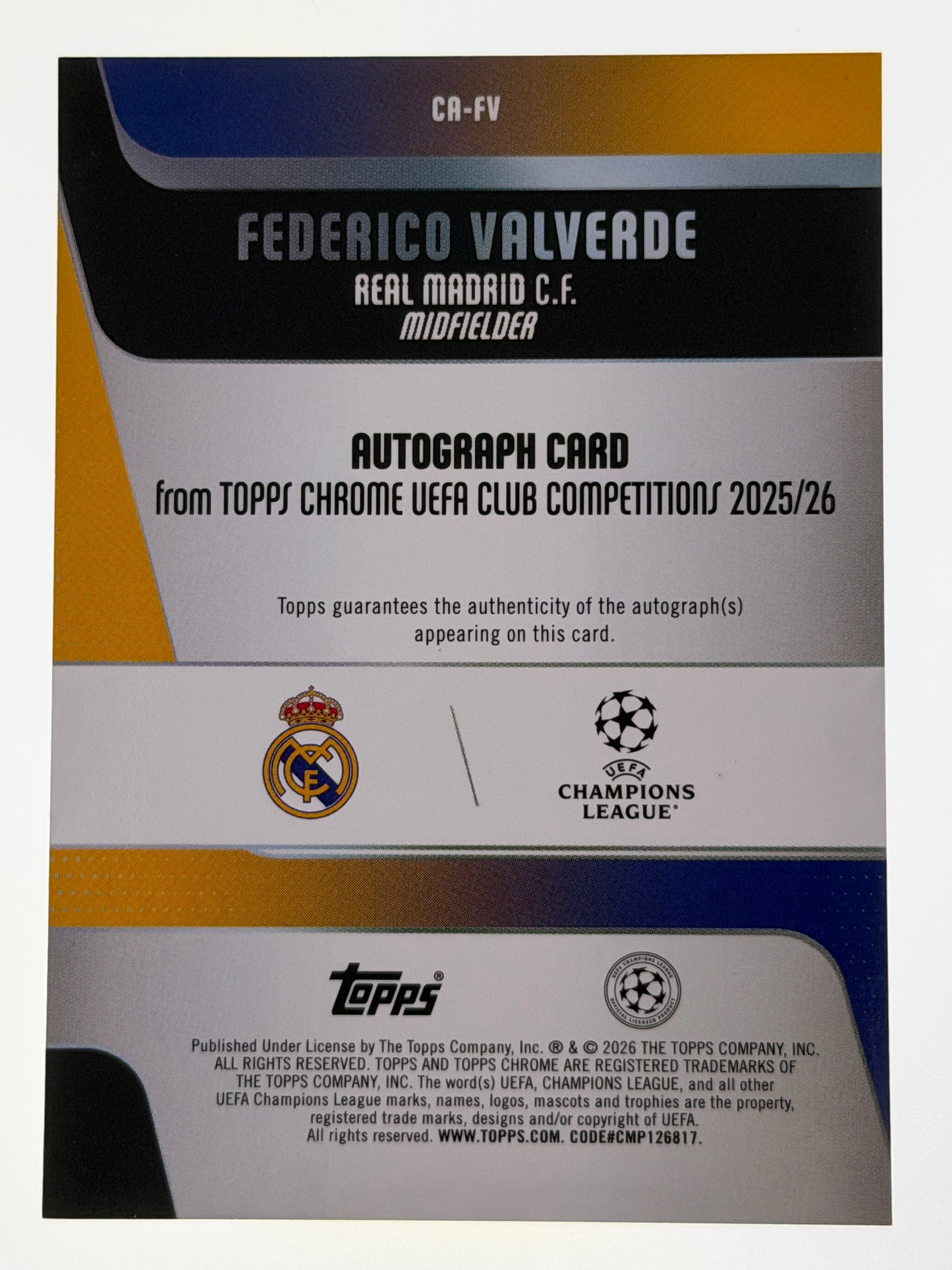 2025-26 Topps Chrome UEFA Club Competitions Autograph Card Purple 28/75 - Frederico Valverde