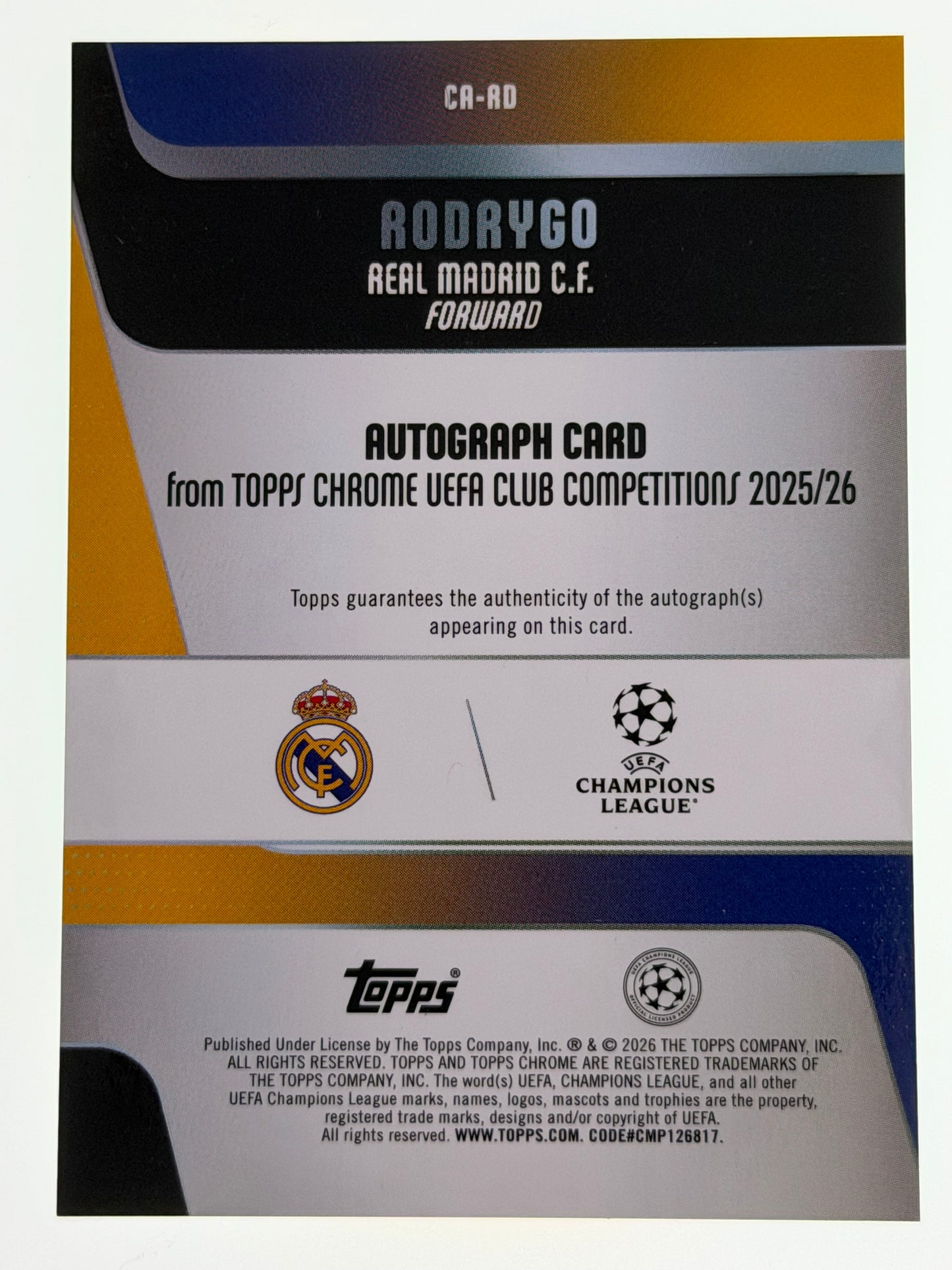 2025-26 Topps Chrome UEFA Club Competitions Autograph Card Green 28/99 - Rodrygo