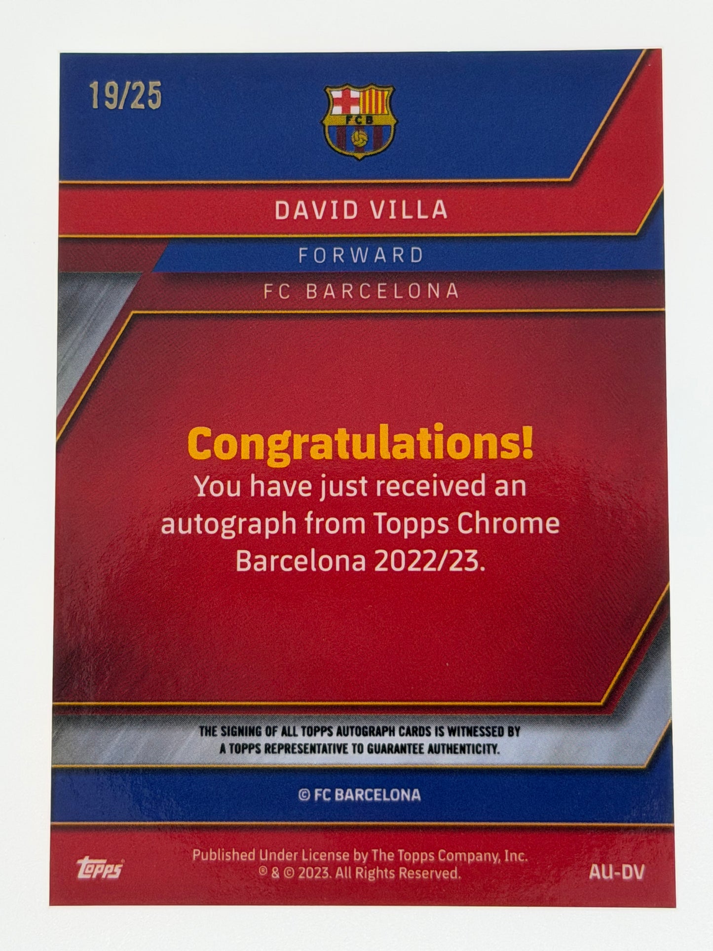 2022-23 Topps Chrome Barcelona Autograph Card Orange Mojo 19/25 - David Villa