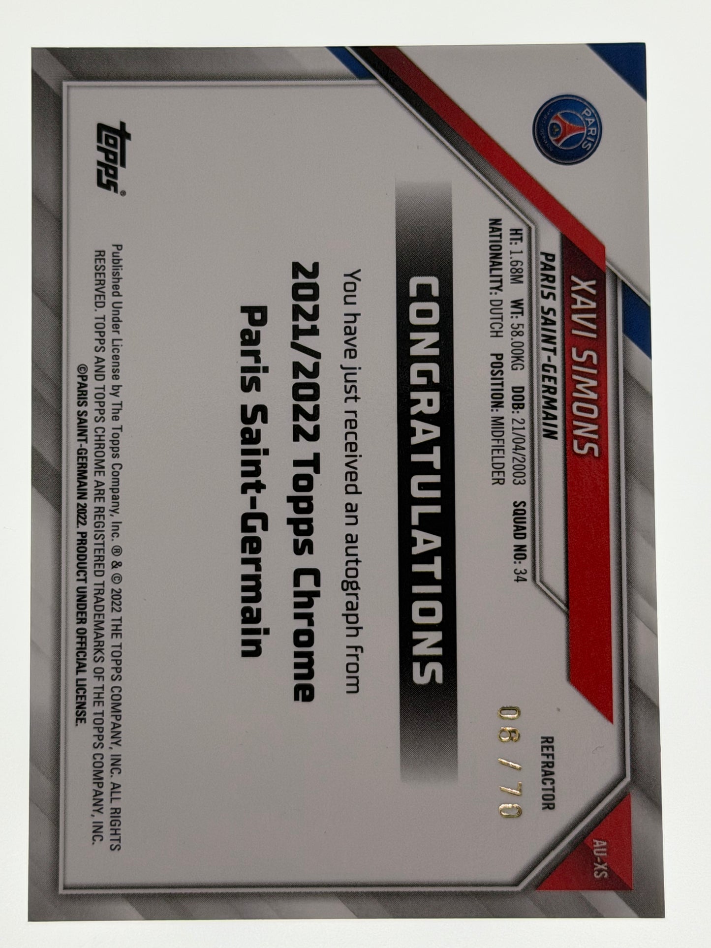 2021-22 Topps Chrome Paris Saint-Germain Autograph Card Refractor 06/70 - Xavi Simons