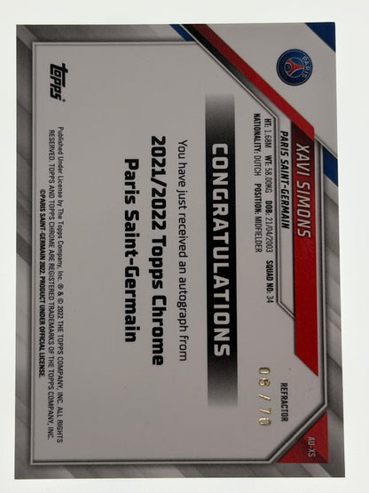 2021-22 Topps Chrome Paris Saint-Germain Autograph Card Refractor 06/70 - Xavi Simons