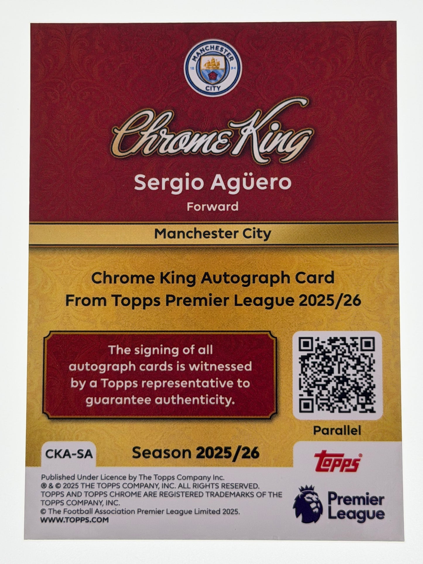2025-26 Topps Premier League Chrome King Autograph Card - Sergio Aguero