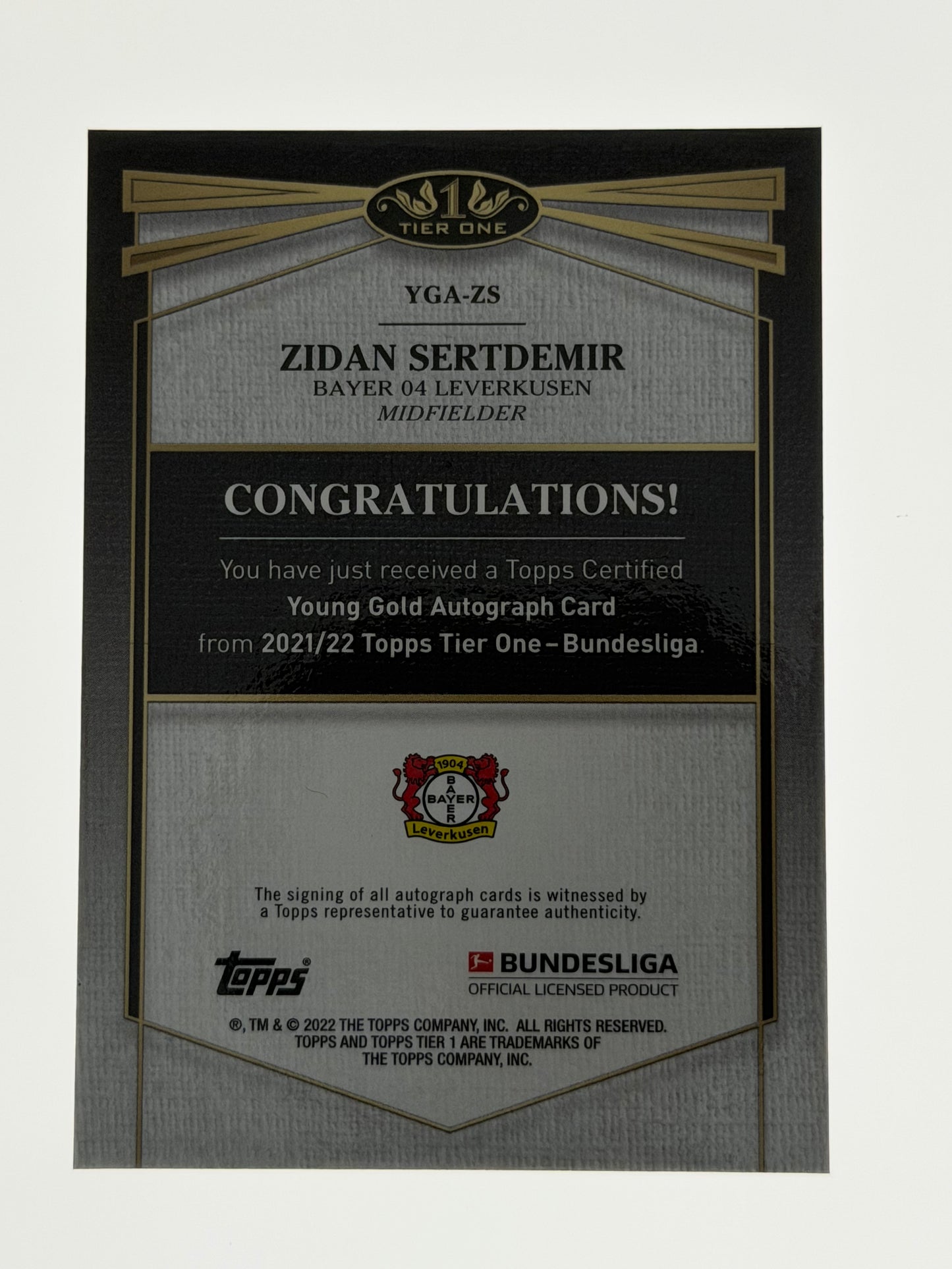 2021-22 Topps Tier One - Bundesliga Young Gold Autograph 12/50 RC - Zidan Sertdemir